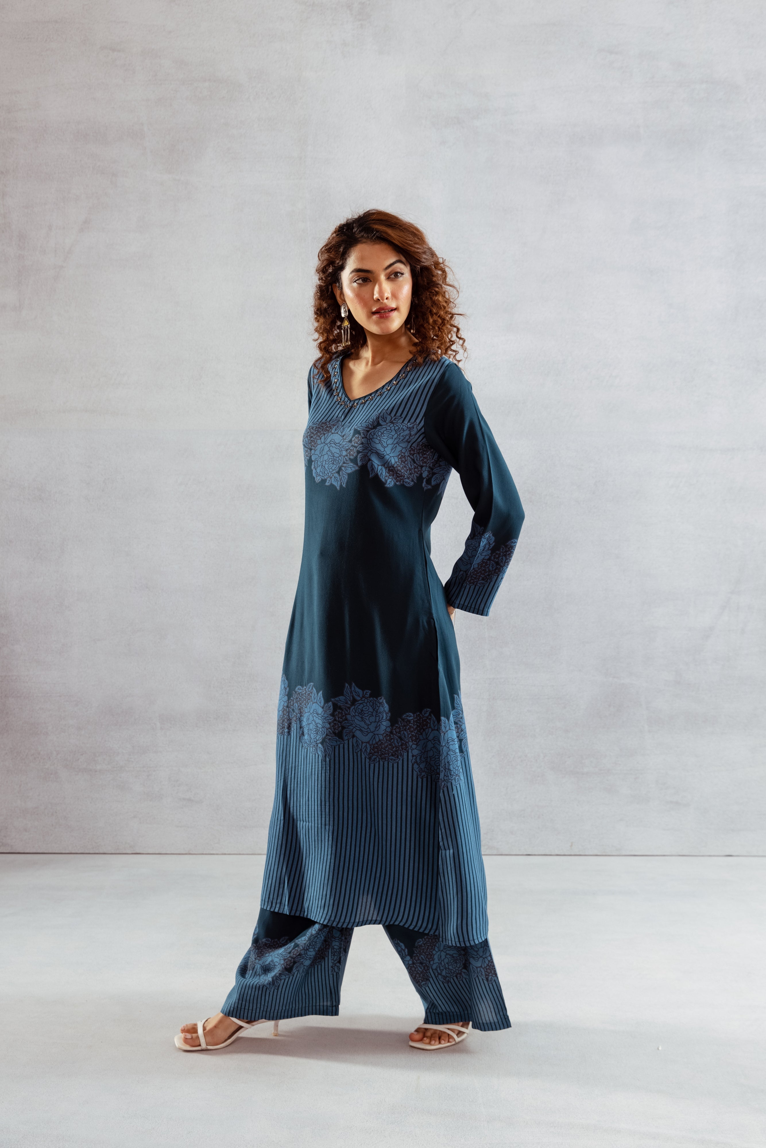 Women's Blue German Rayon Kurta and Palazzo Set