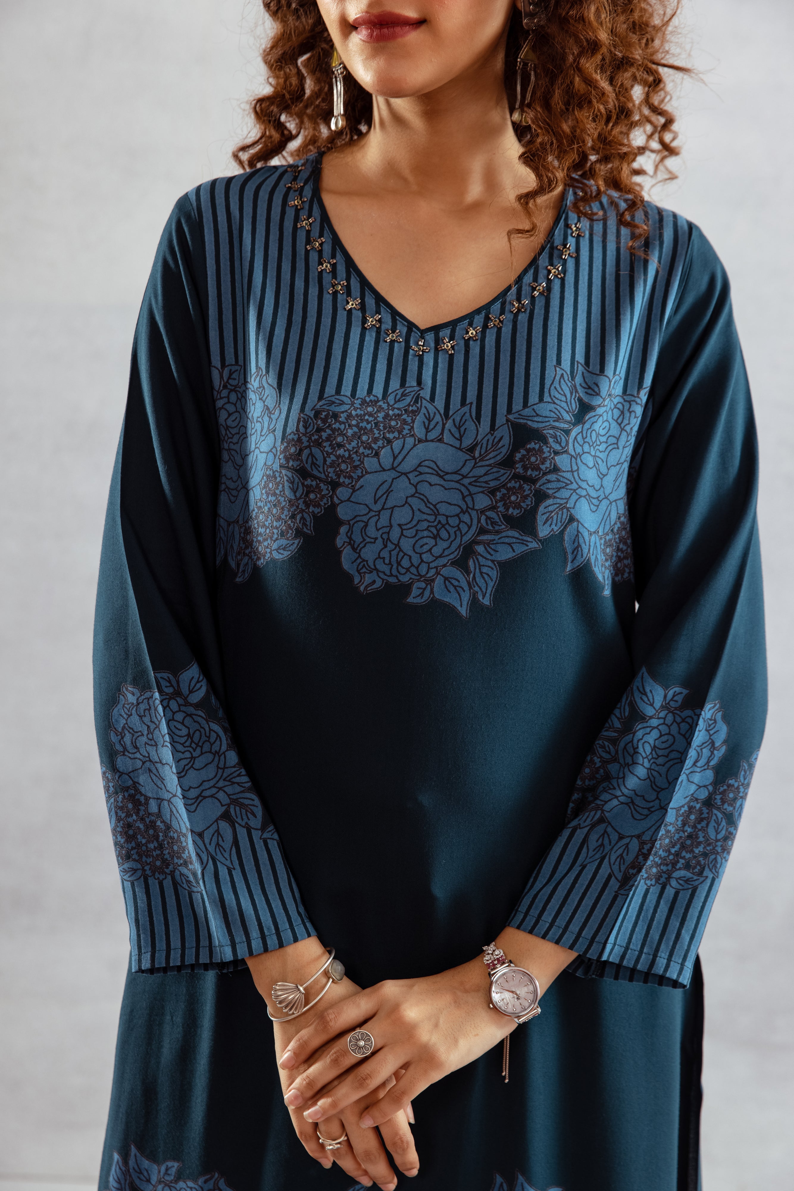 Women's Blue German Rayon Kurta and Palazzo Set