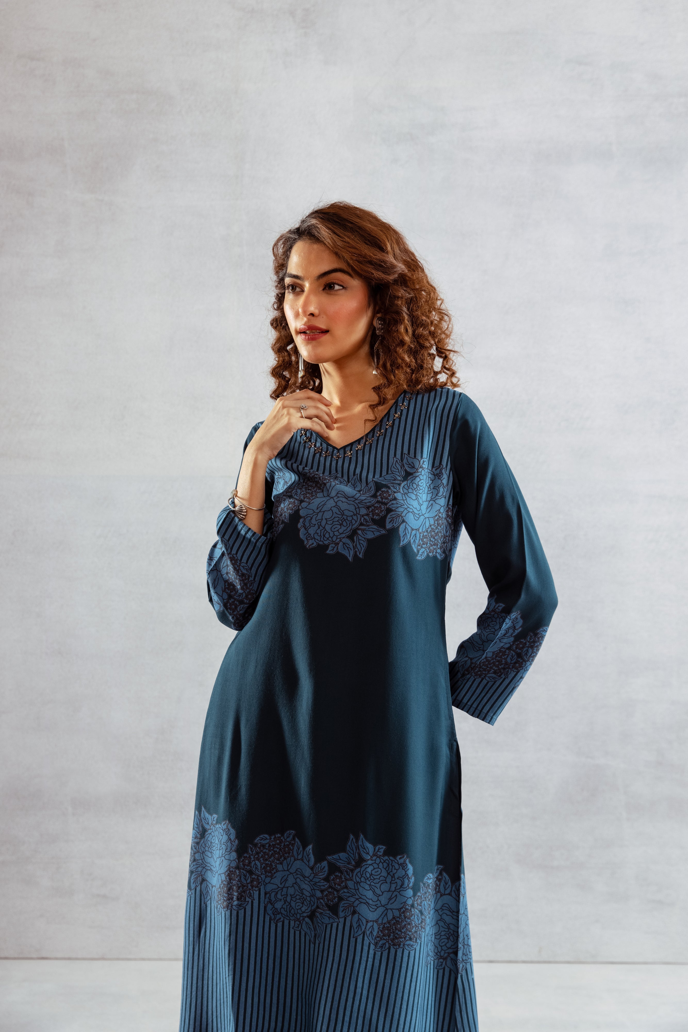 Women's Blue German Rayon Kurta and Palazzo Set