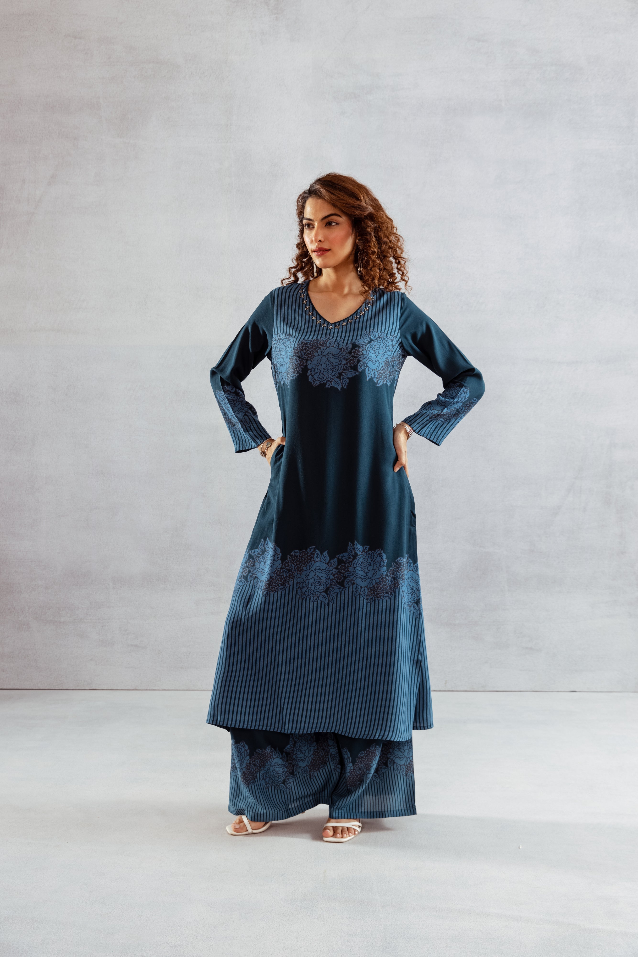 Women's Blue German Rayon Kurta and Palazzo Set