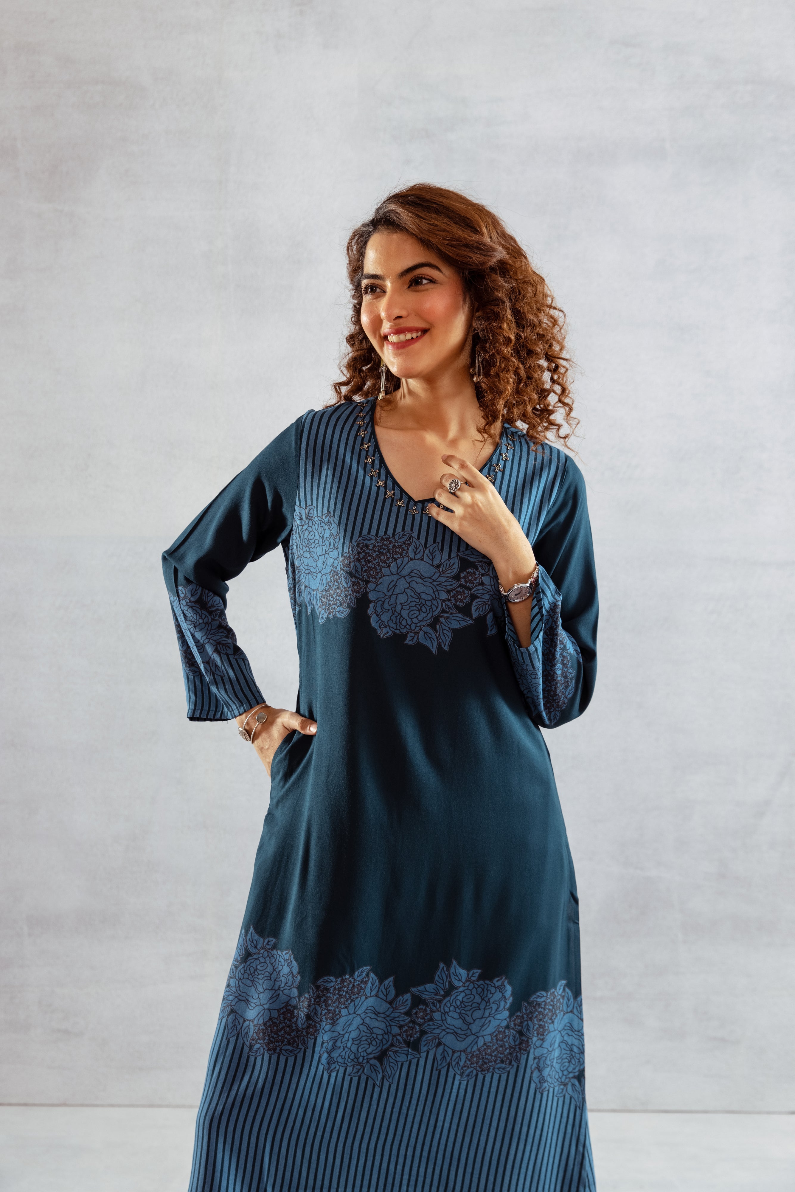 Women's Blue German Rayon Kurta and Palazzo Set