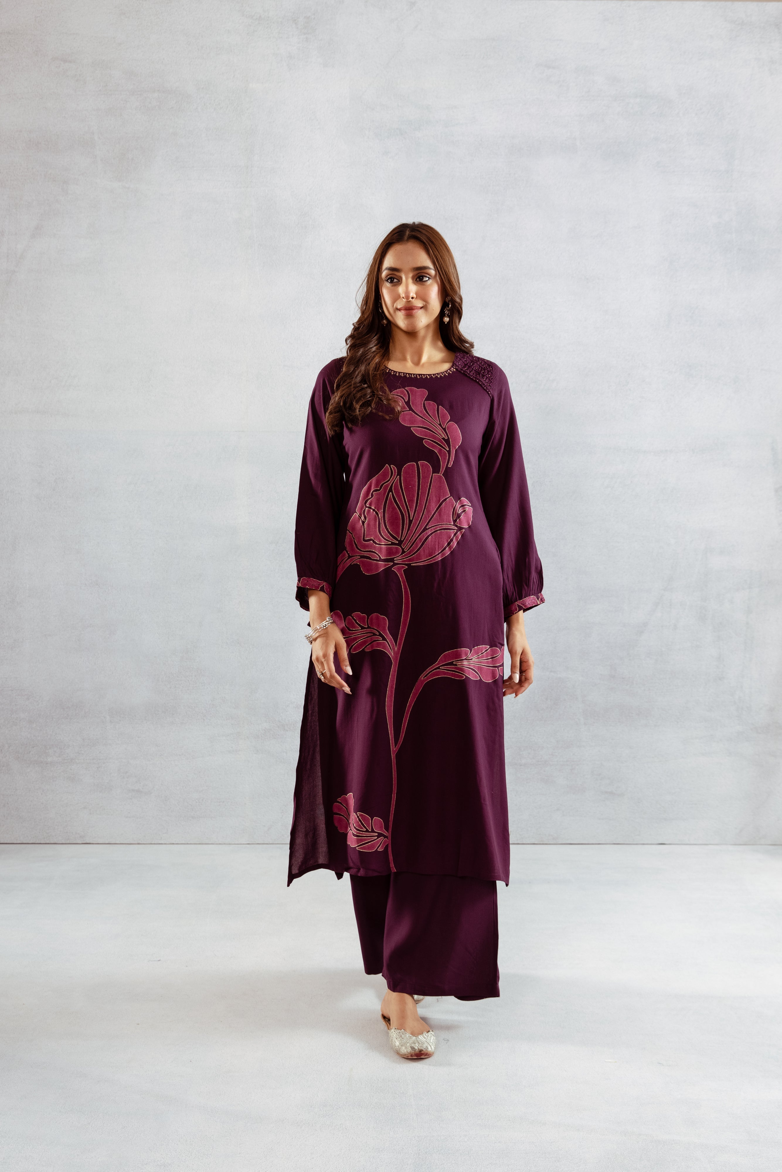 Women's Wine German Rayon Kurta and Palazzo Set