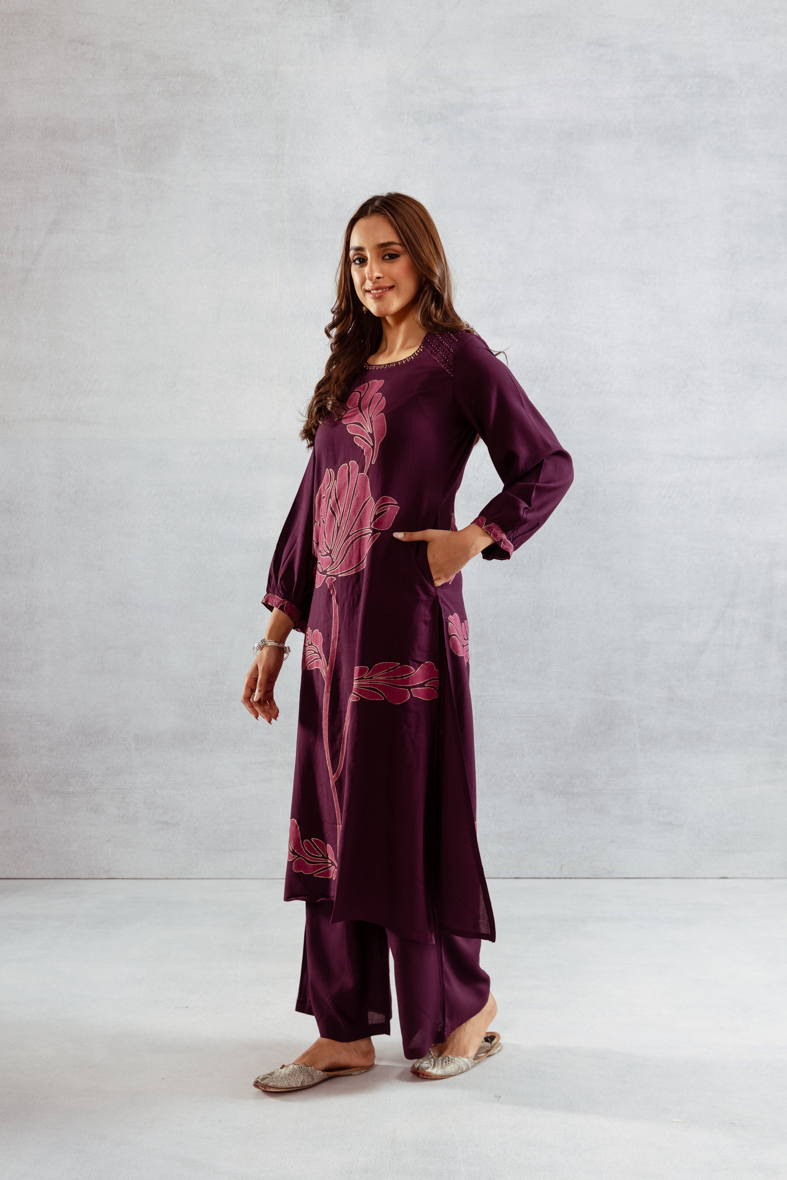 Women's Wine German Rayon Kurta and Palazzo Set