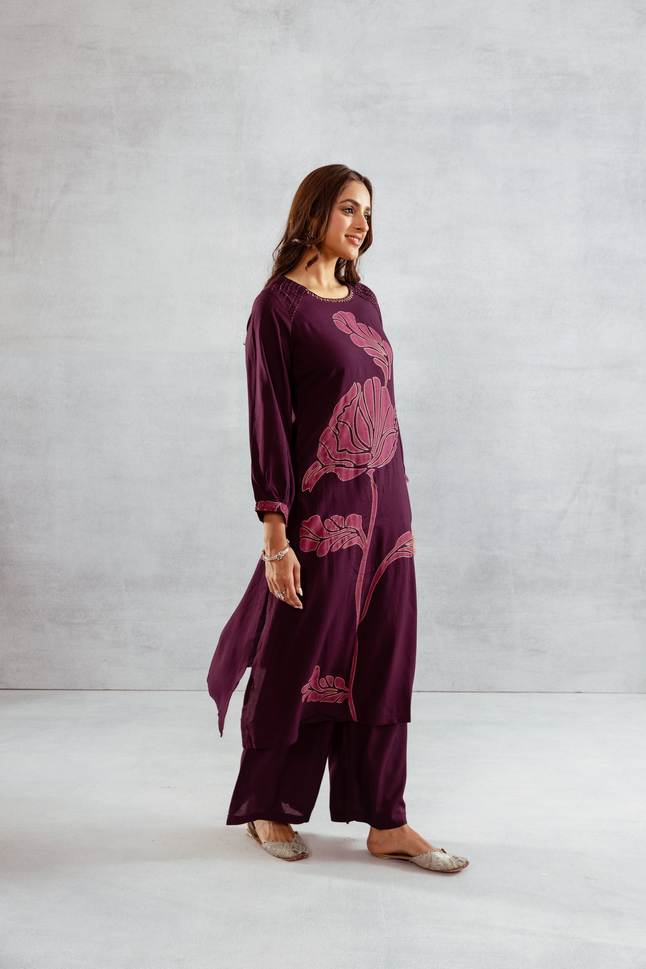 Women's Wine German Rayon Kurta and Palazzo Set