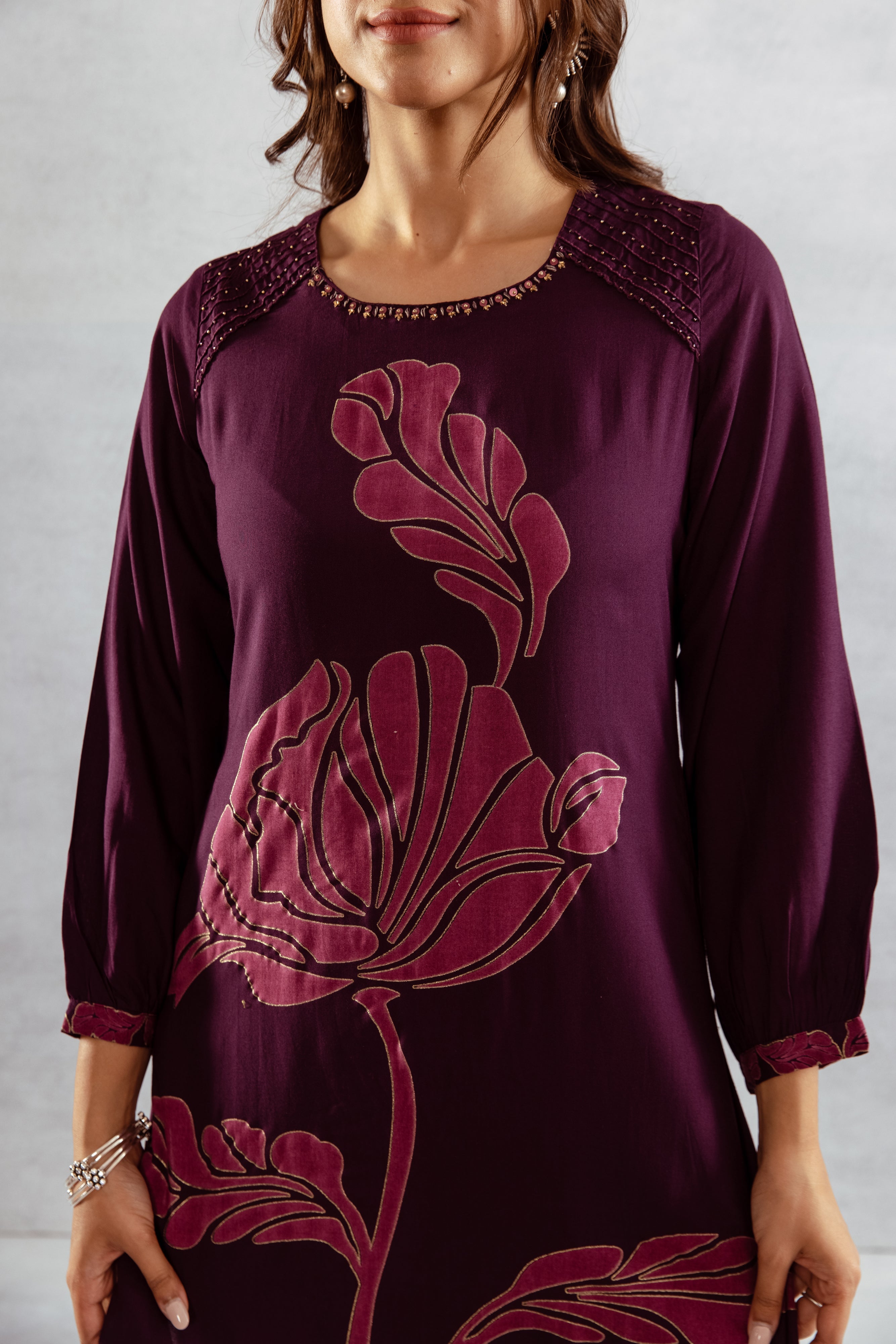Women's Wine German Rayon Kurta and Palazzo Set