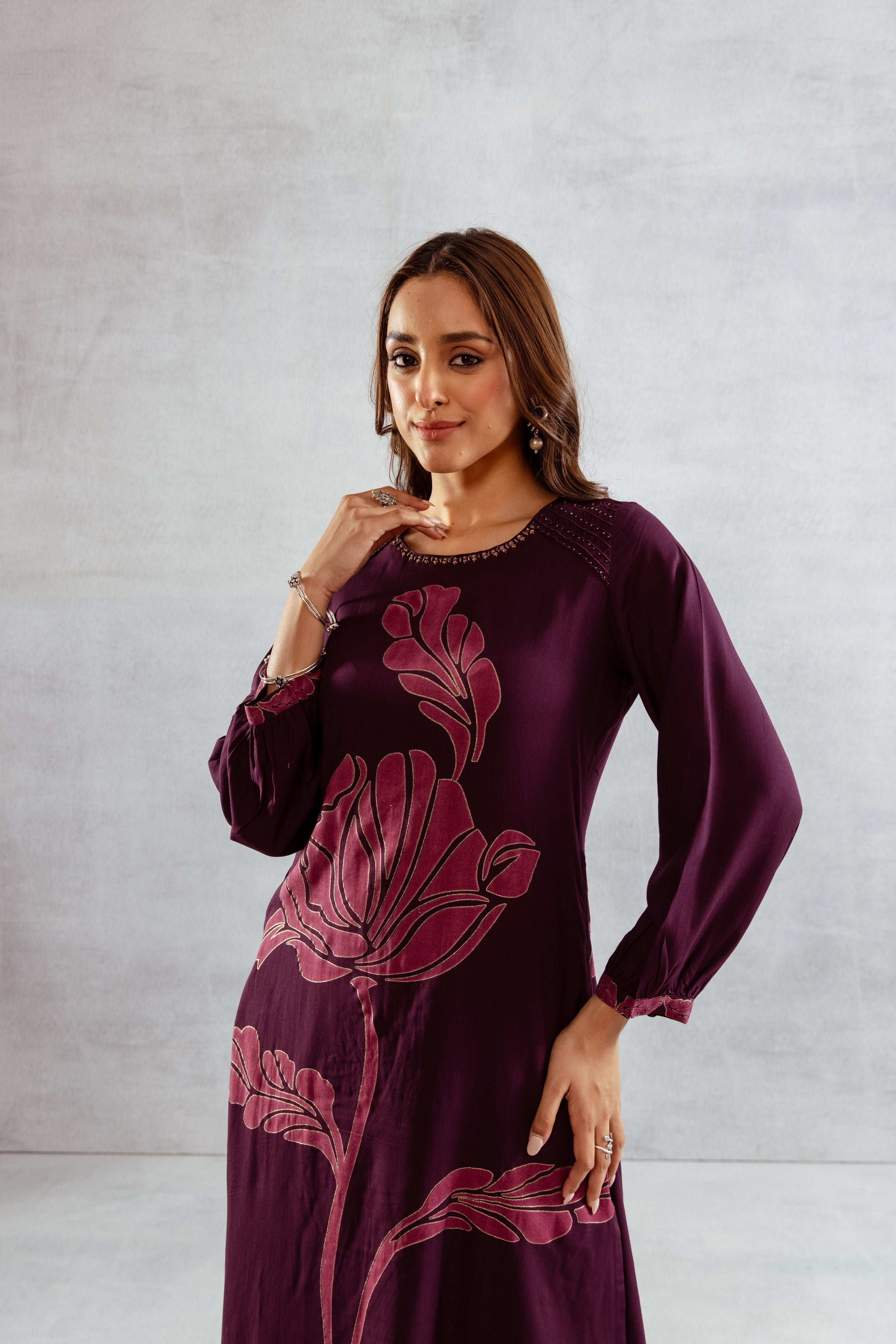 Women's Wine German Rayon Kurta and Palazzo Set