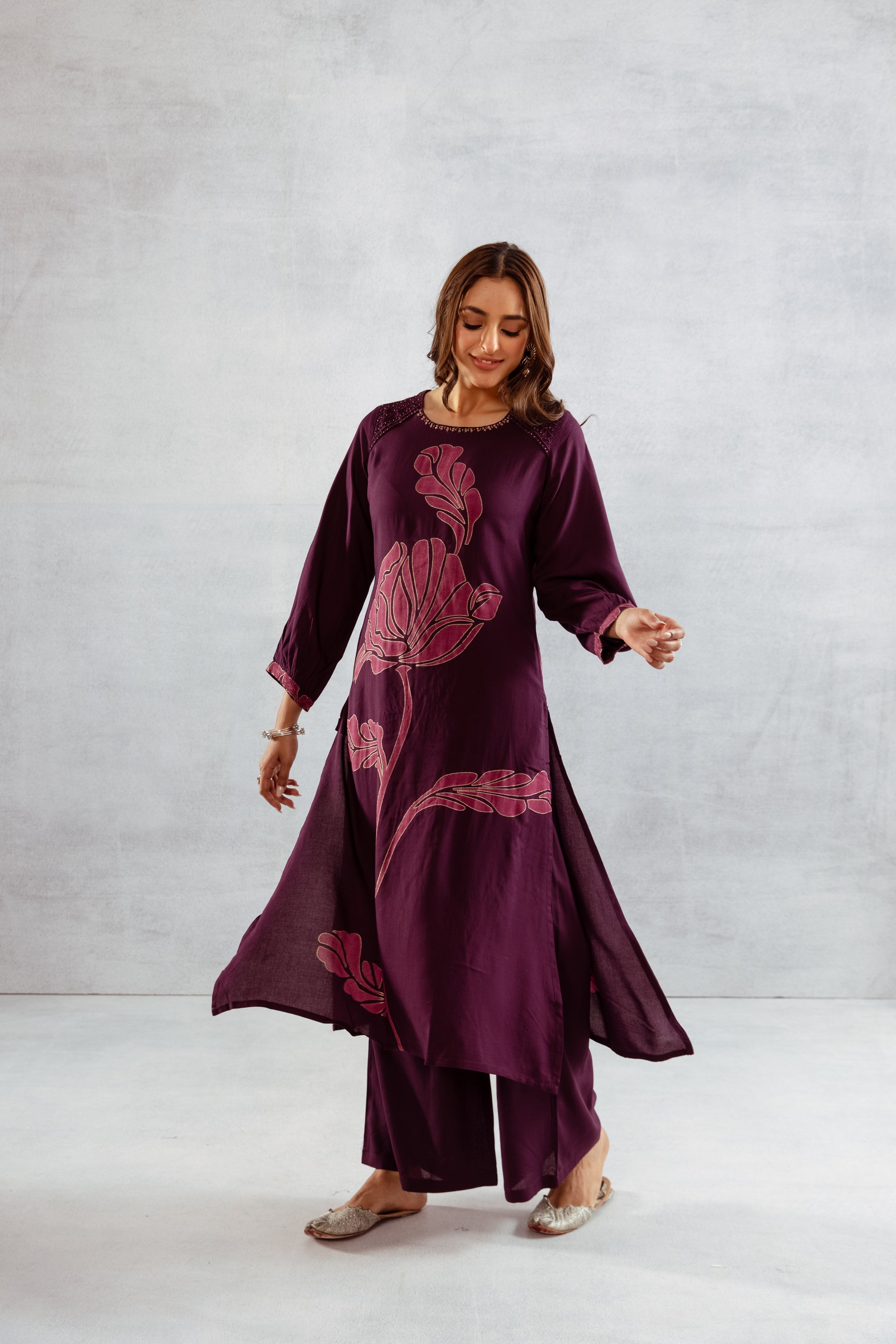 Women's Wine German Rayon Kurta and Palazzo Set