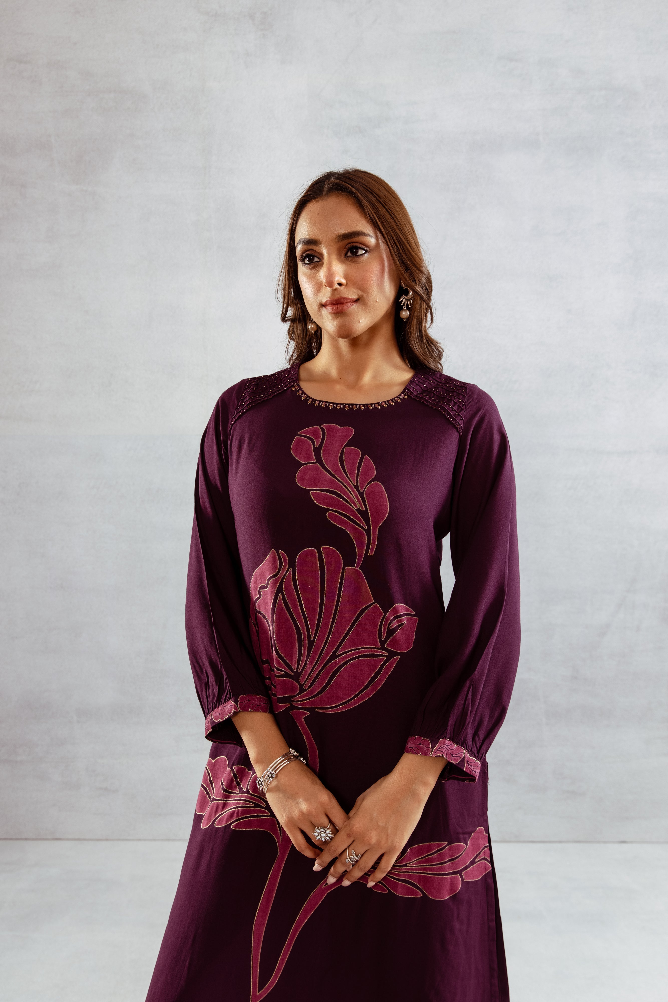 Women's Wine German Rayon Kurta and Palazzo Set
