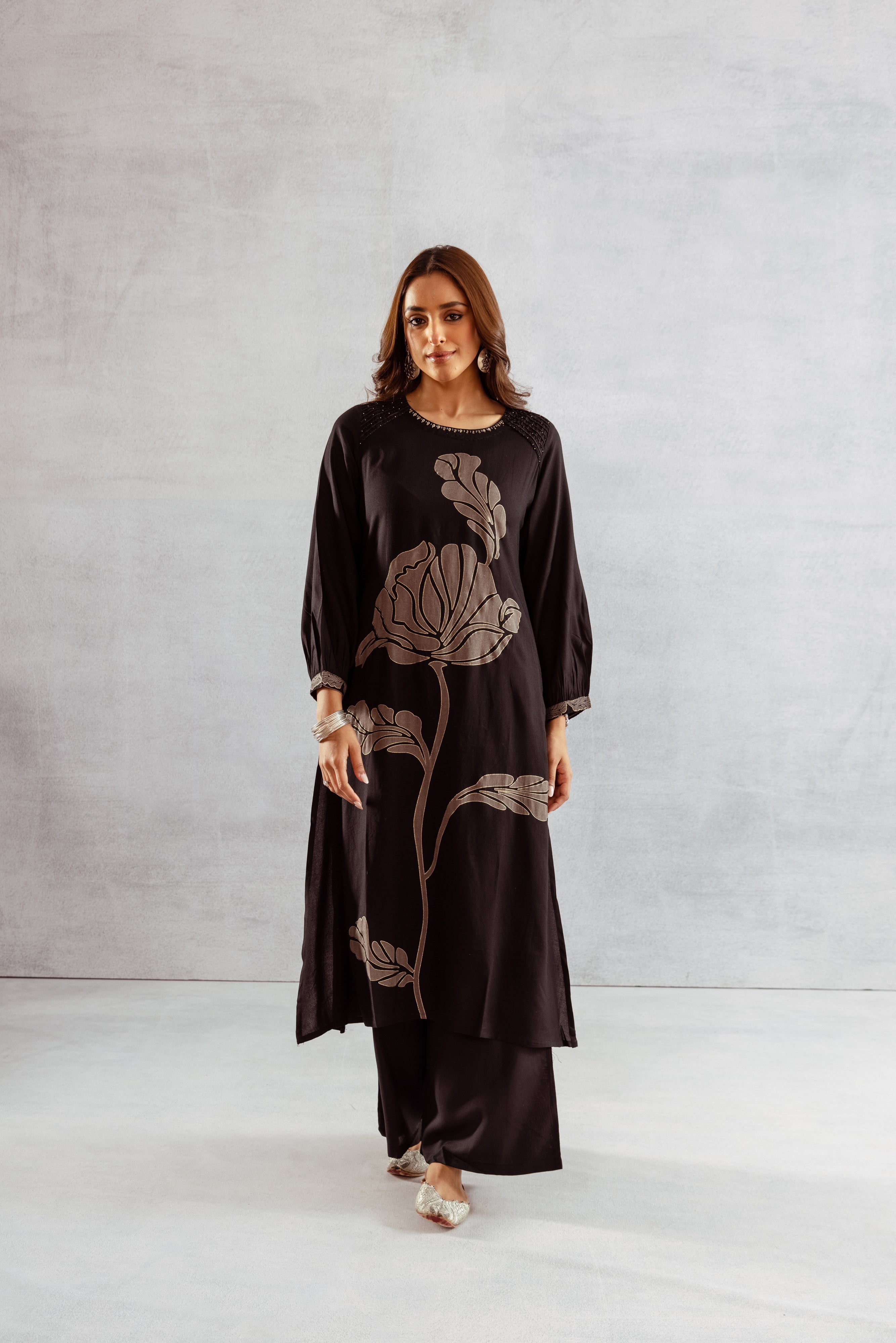 Women's Black German Rayon Kurta and Palazzo Set