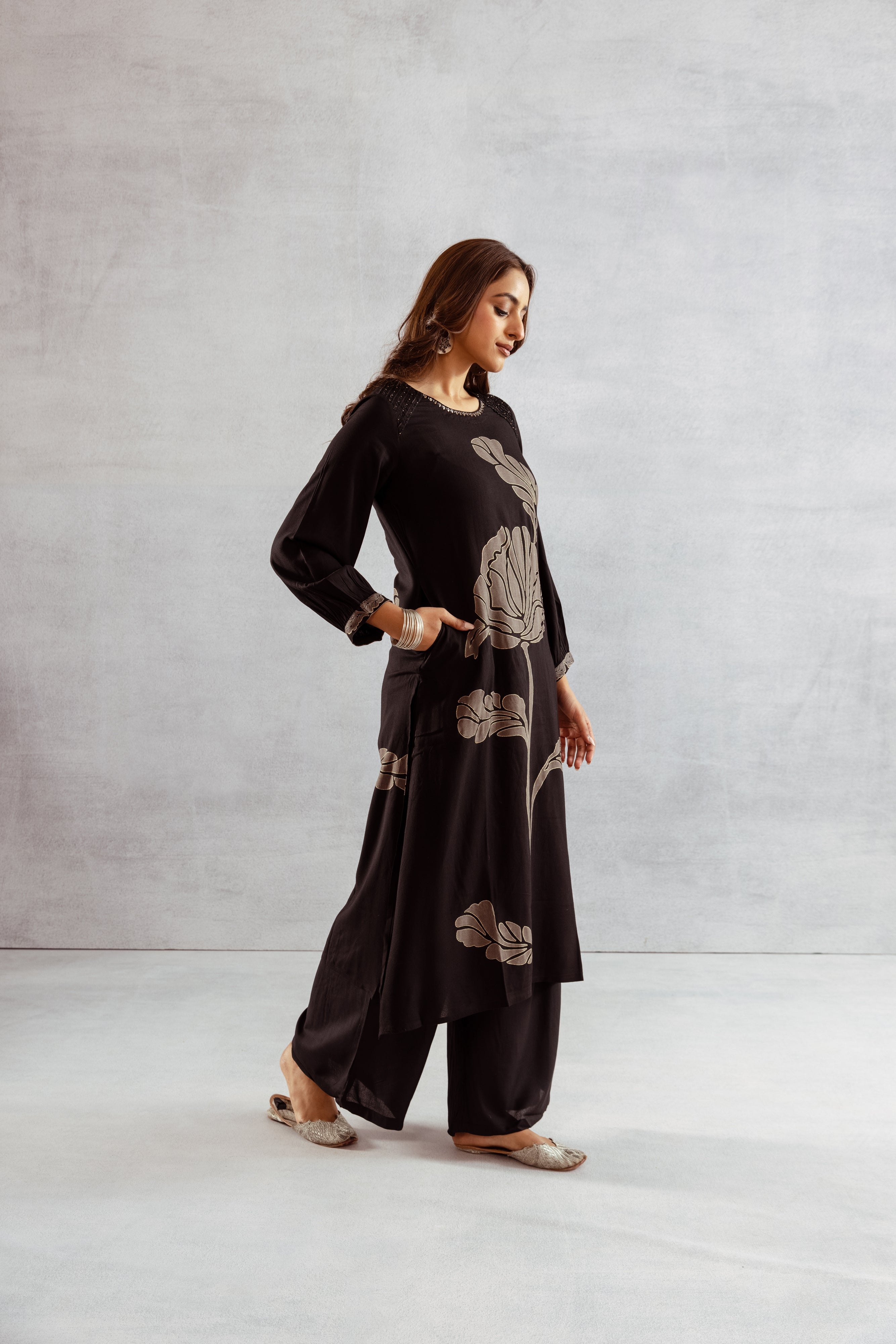 Women's Black German Rayon Kurta and Palazzo Set