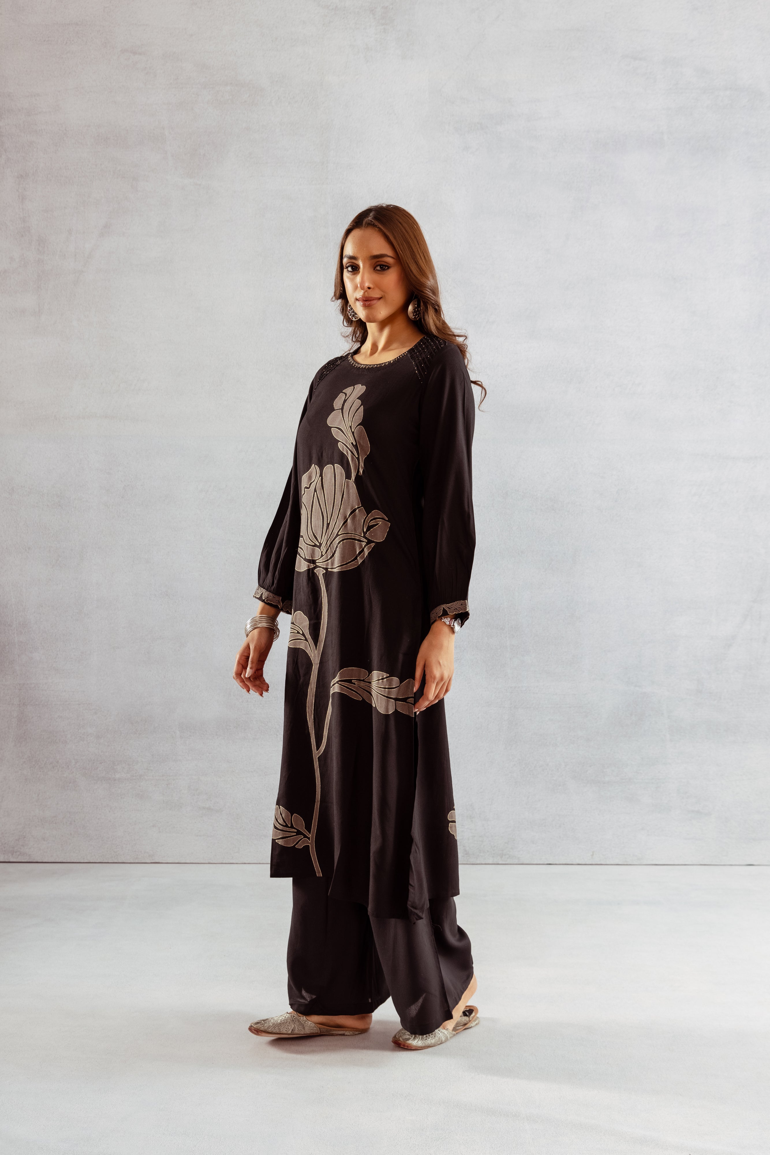 Women's Black German Rayon Kurta and Palazzo Set