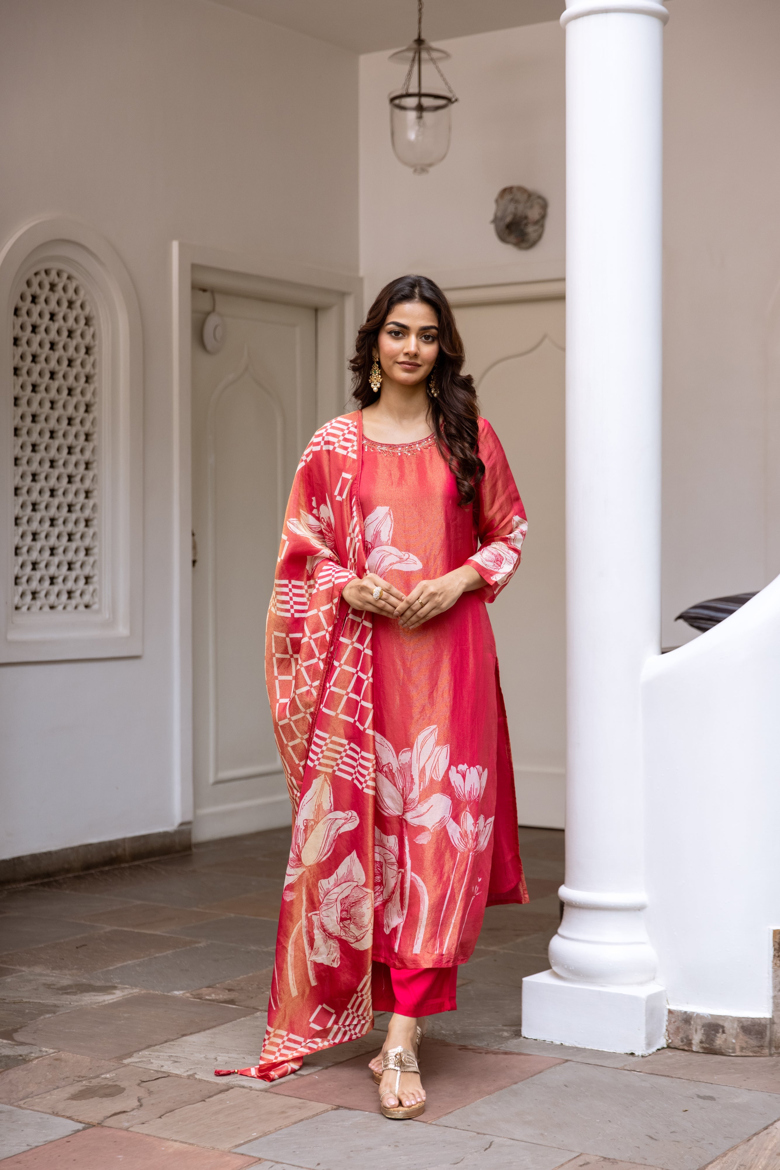 Red Viscose Simmer Kurta Pant and Dupatta Set