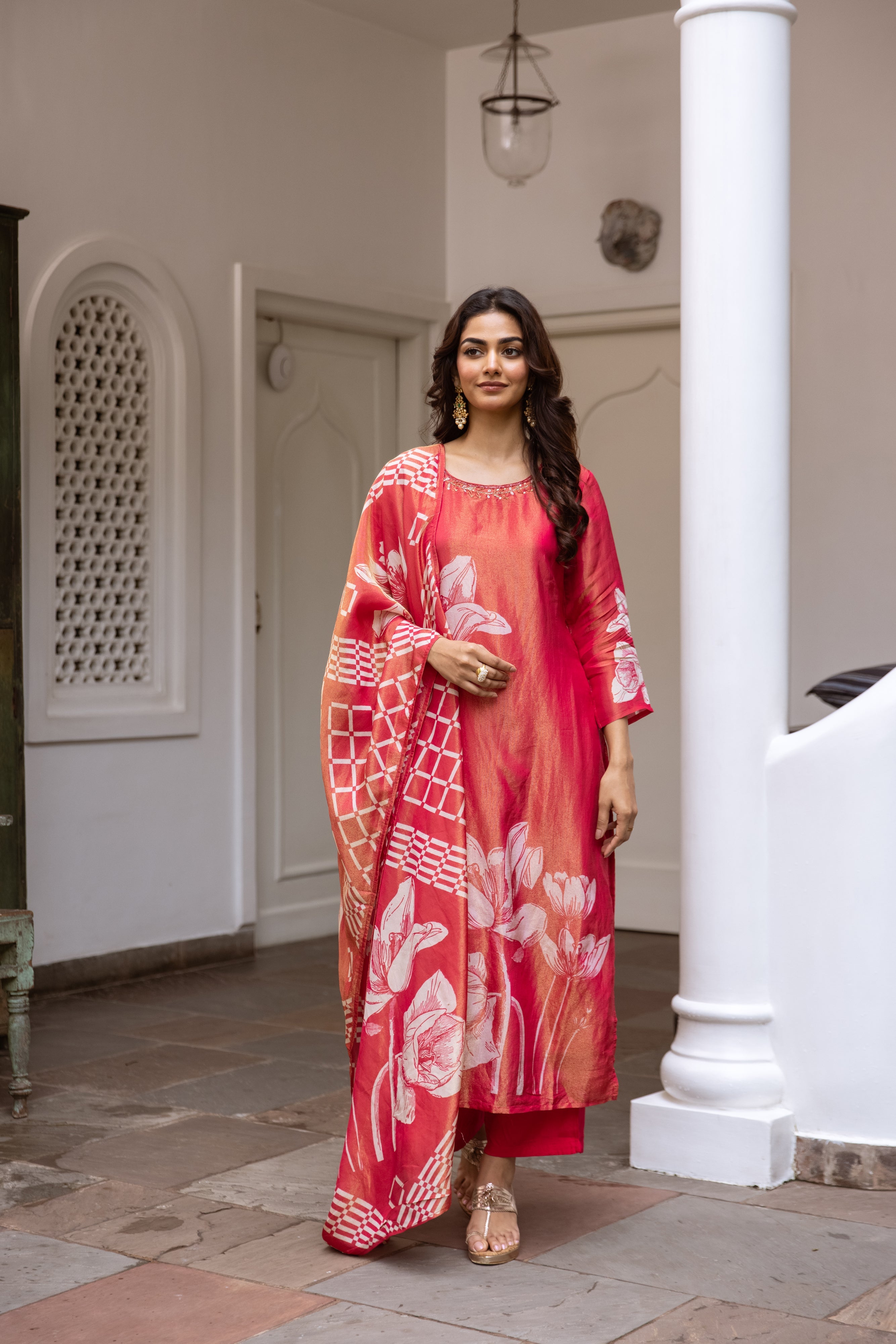 Red Viscose Simmer Kurta Pant and Dupatta Set