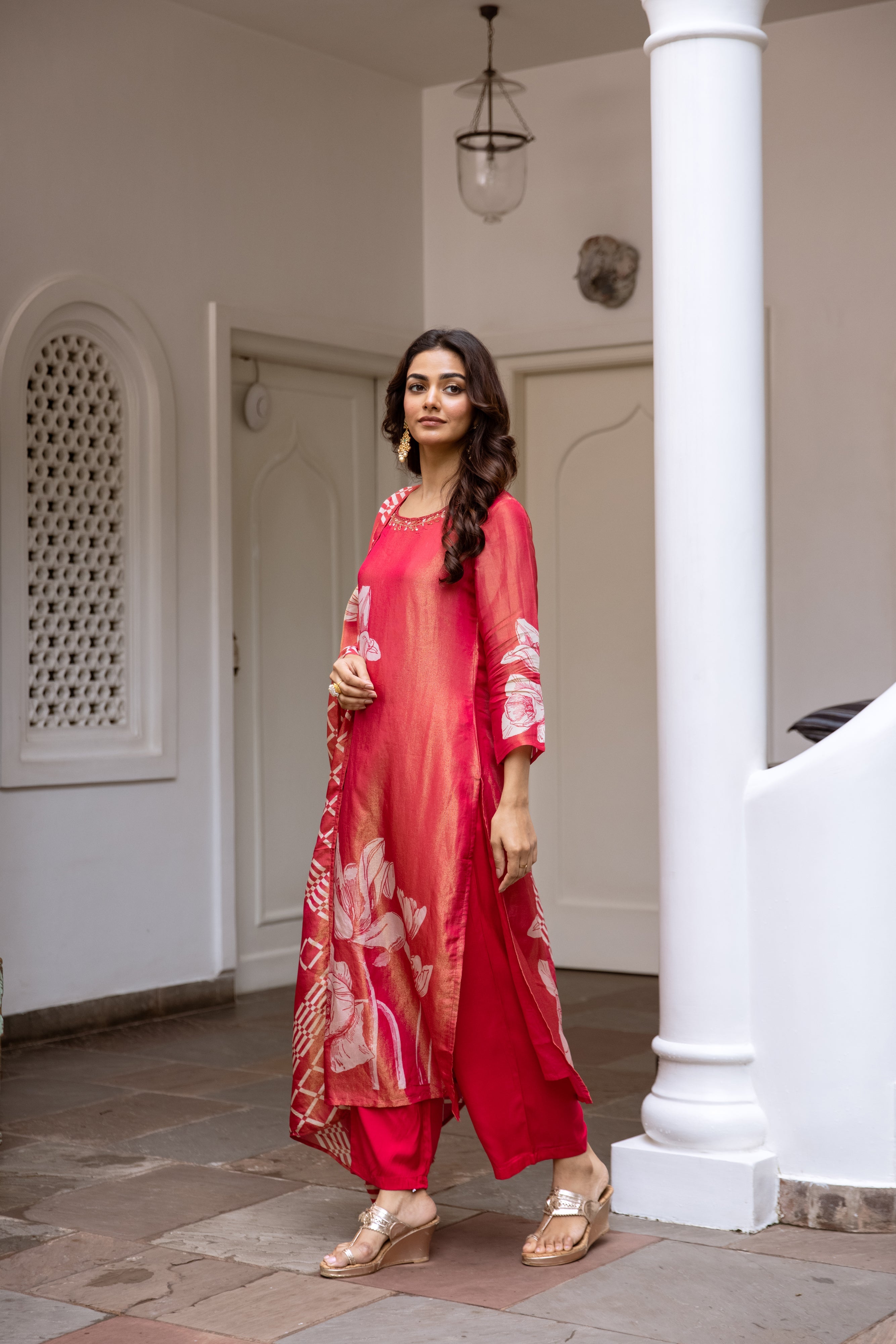 Red Viscose Simmer Kurta Pant and Dupatta Set