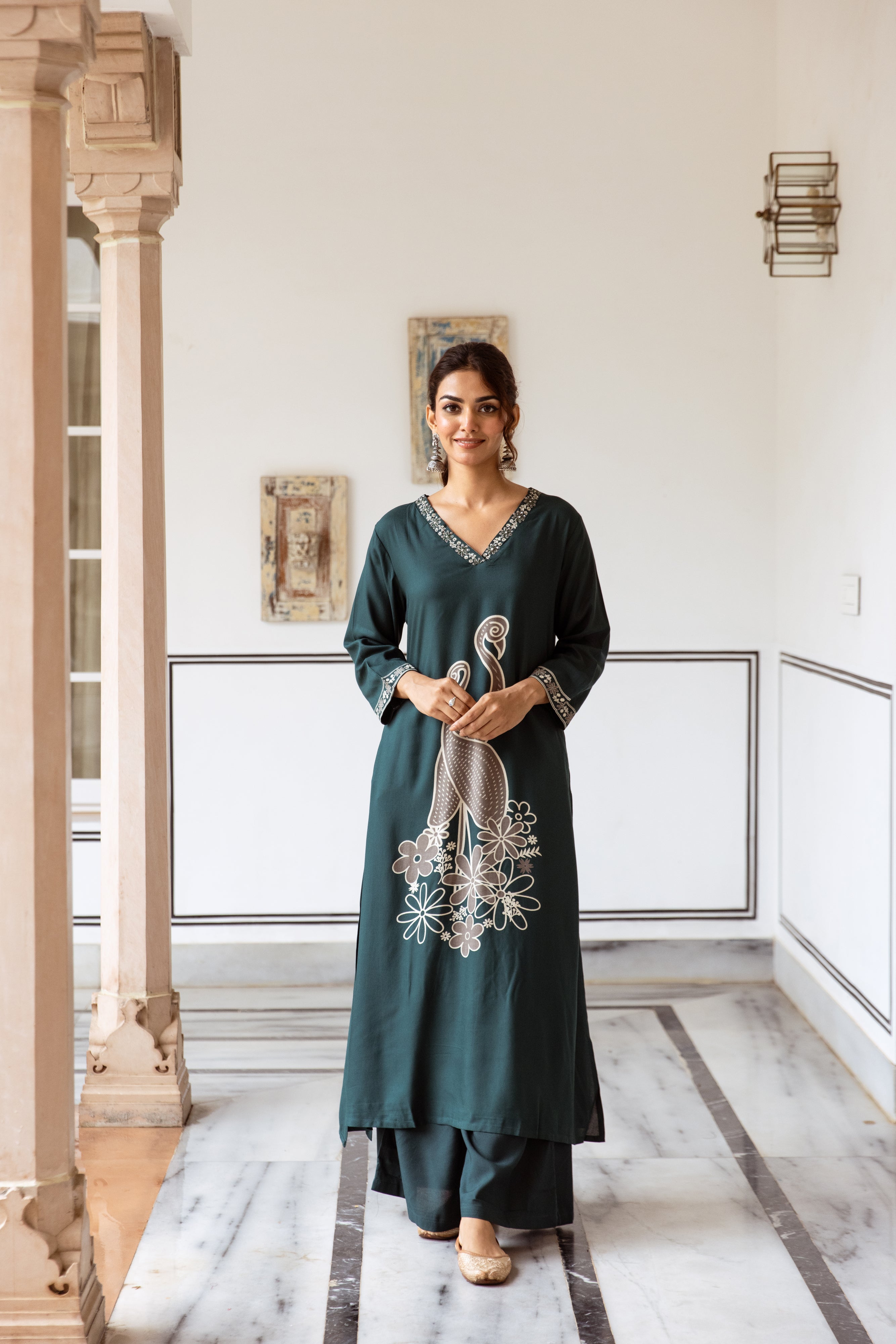 Women's Rama Green German Rayon Kurta and Palazzo Set