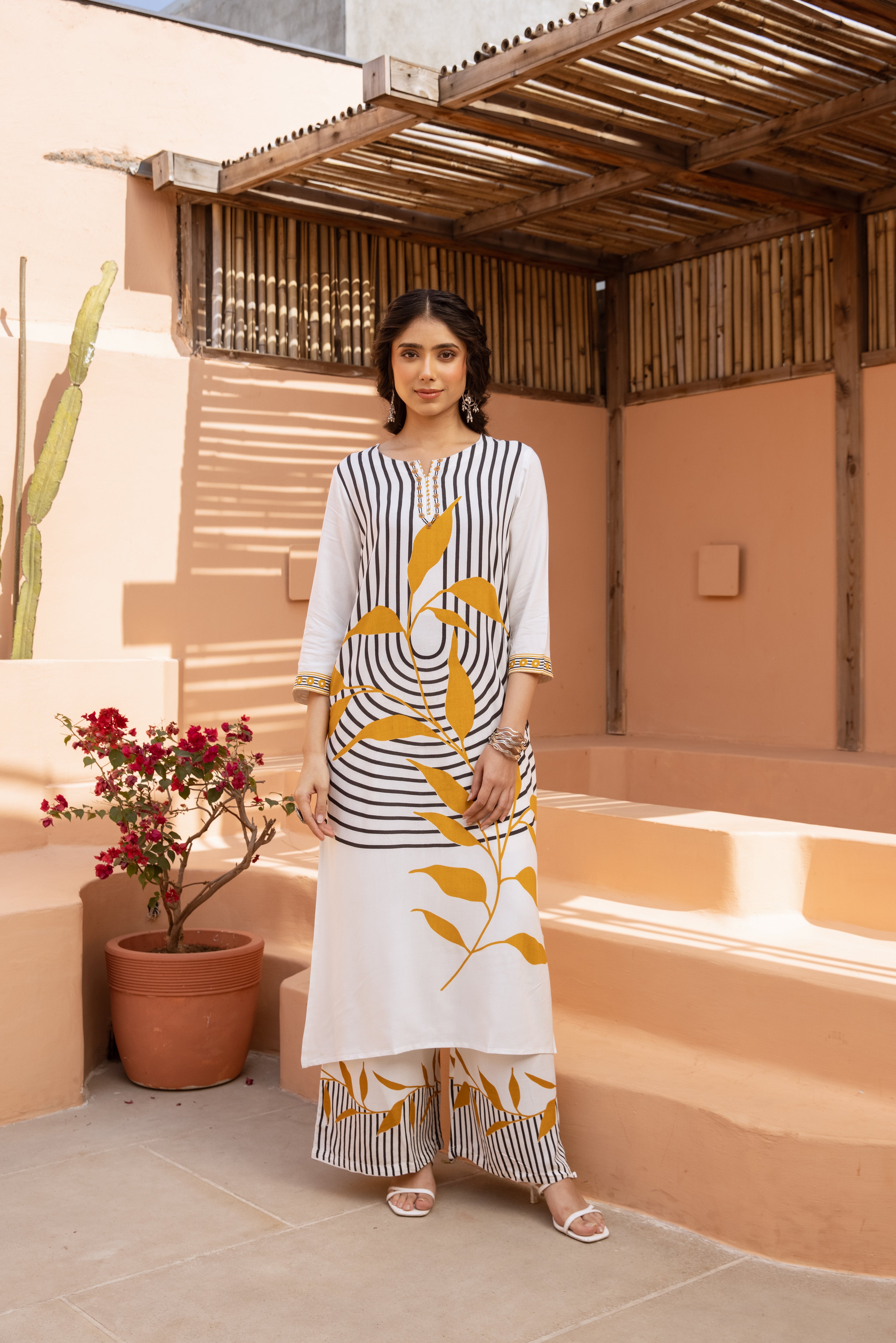 Women's White German Rayon Kurta and Palazzo Set