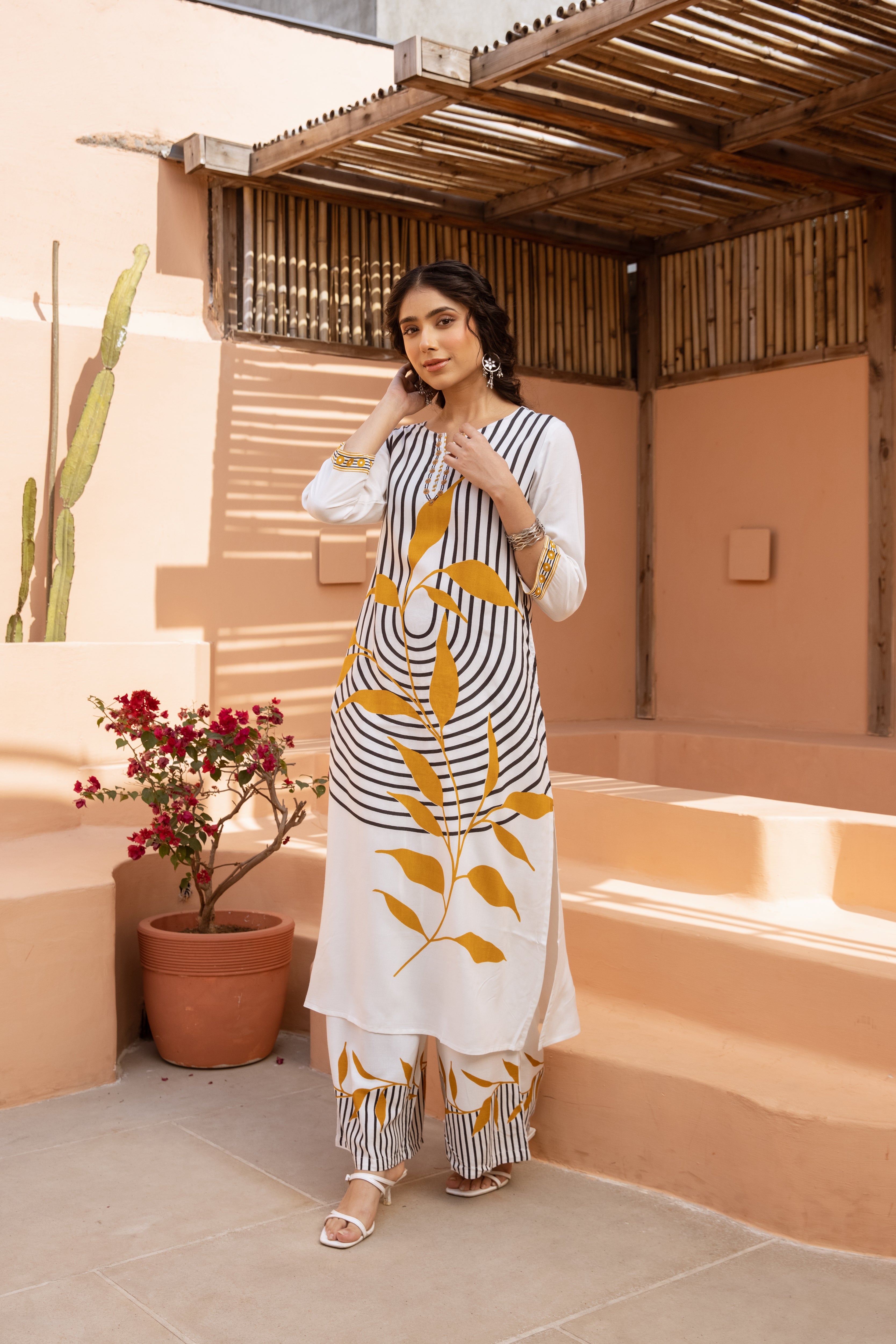 Women's White German Rayon Kurta and Palazzo Set