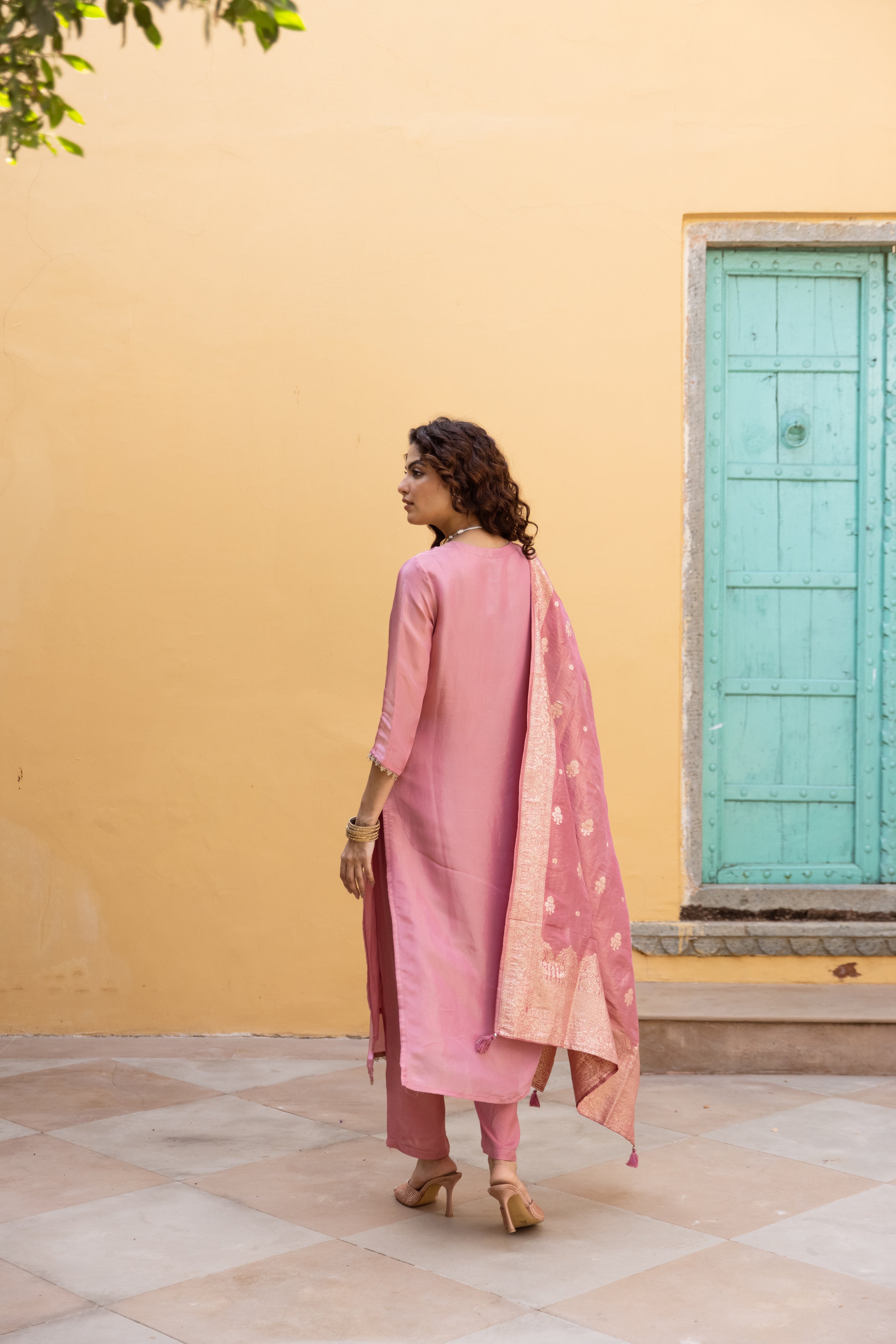Peach Viscose Simmer Kurta Pant and Dupatta Set