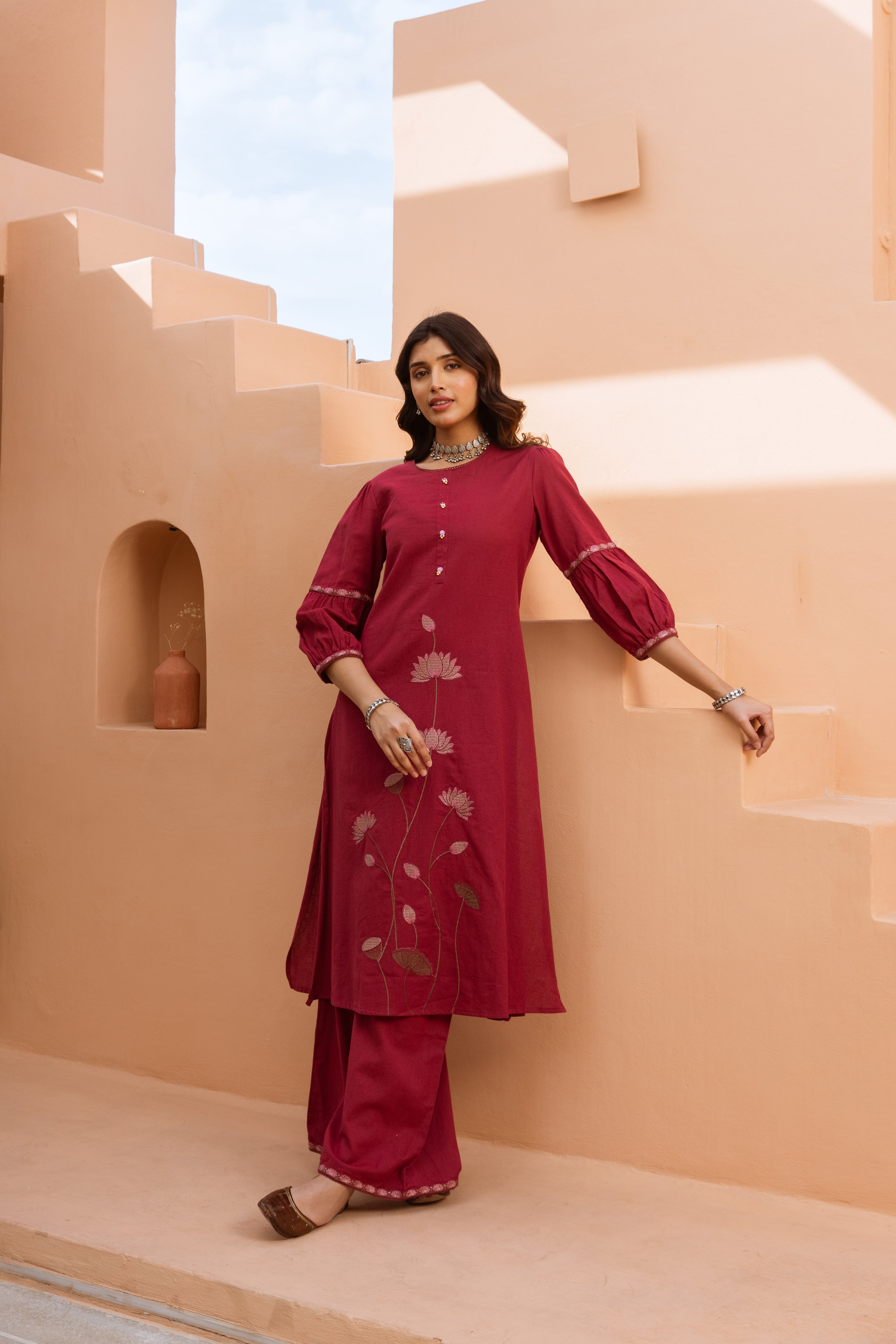 Women's Maroon Cotton Kurta and Palazzo Set