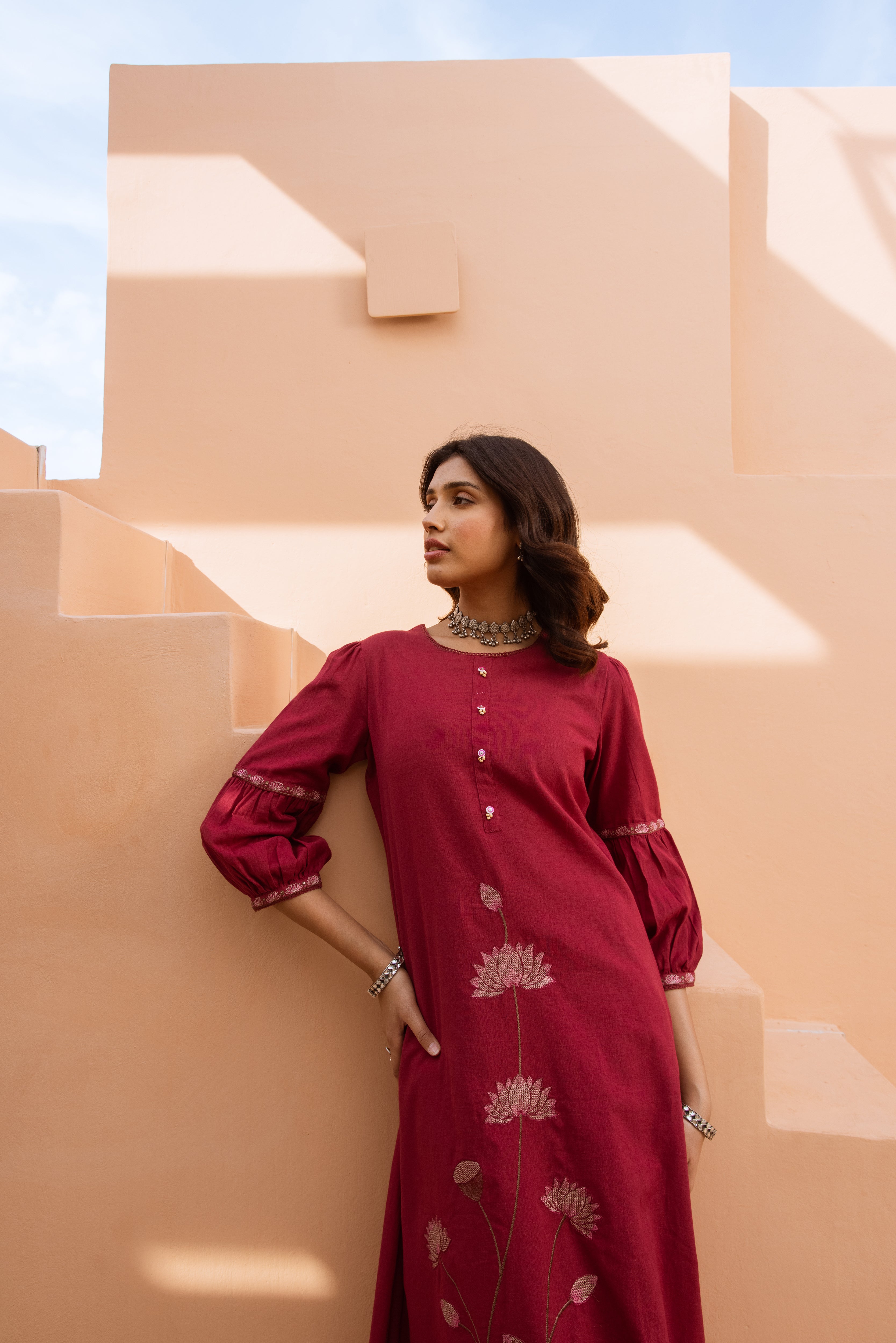 Women's Maroon Cotton Kurta and Palazzo Set