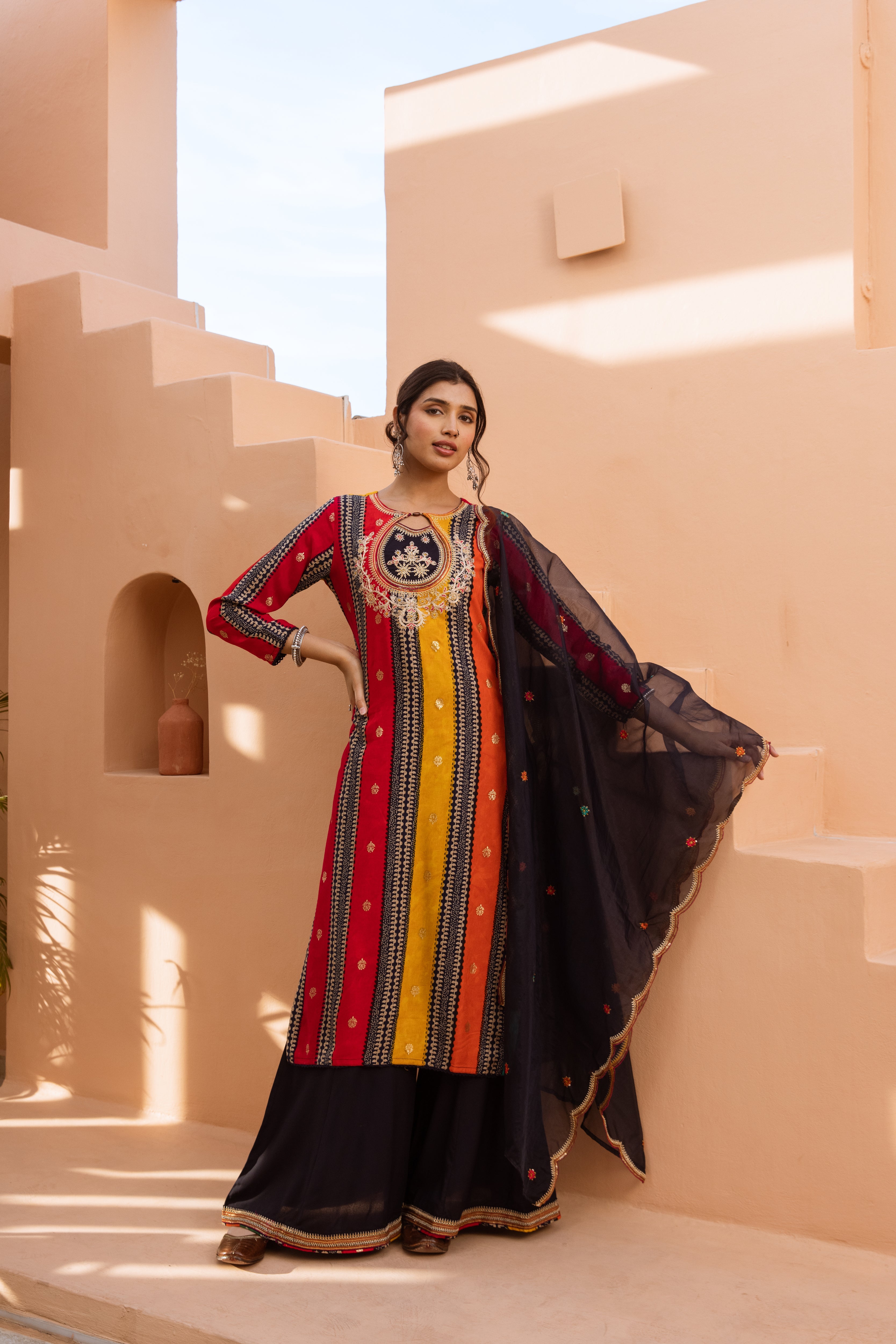 Women's Multicolor German Rayon Kurta Divider Palazzo and Dupatta Set