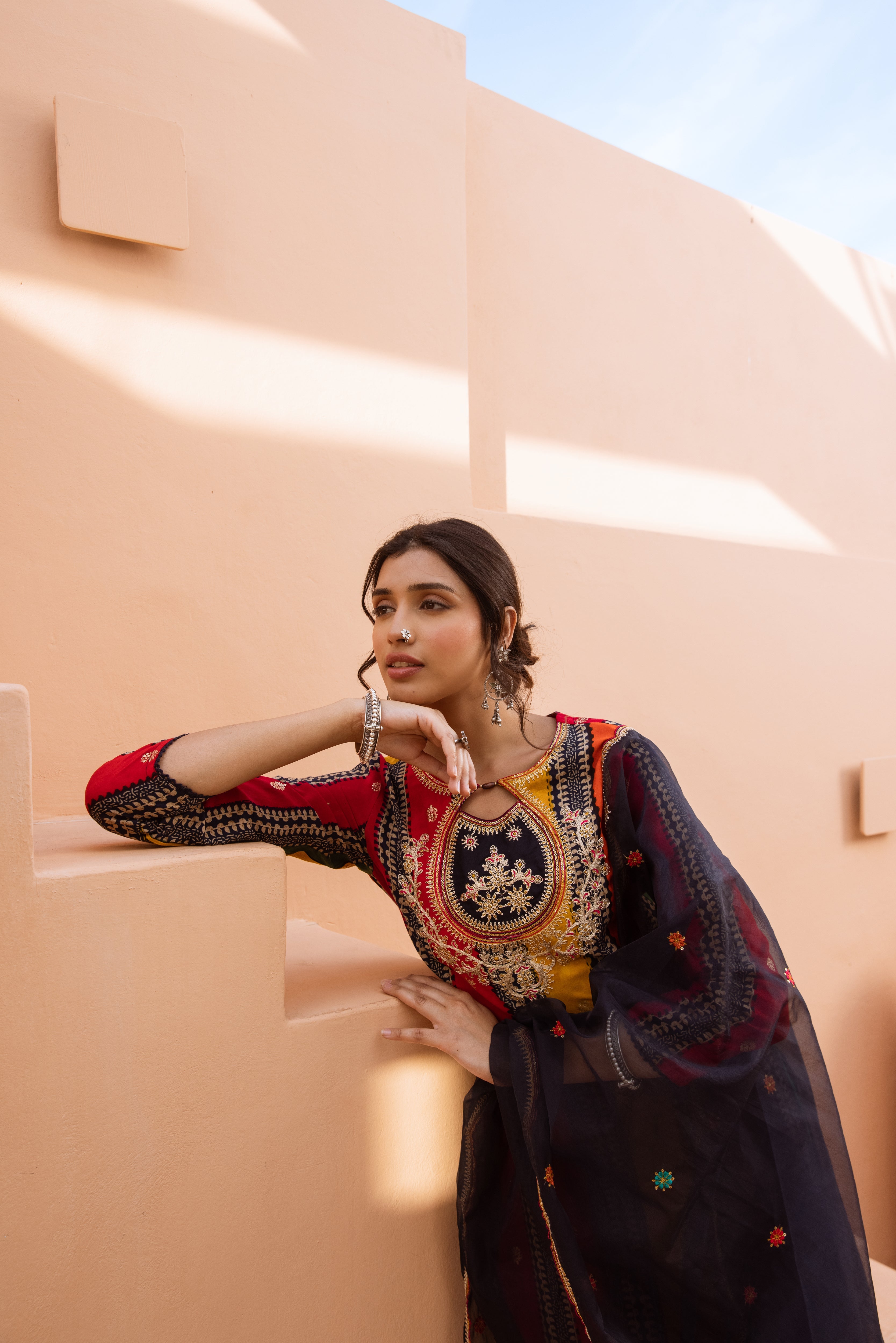 Women's Multicolor German Rayon Kurta Divider Palazzo and Dupatta Set