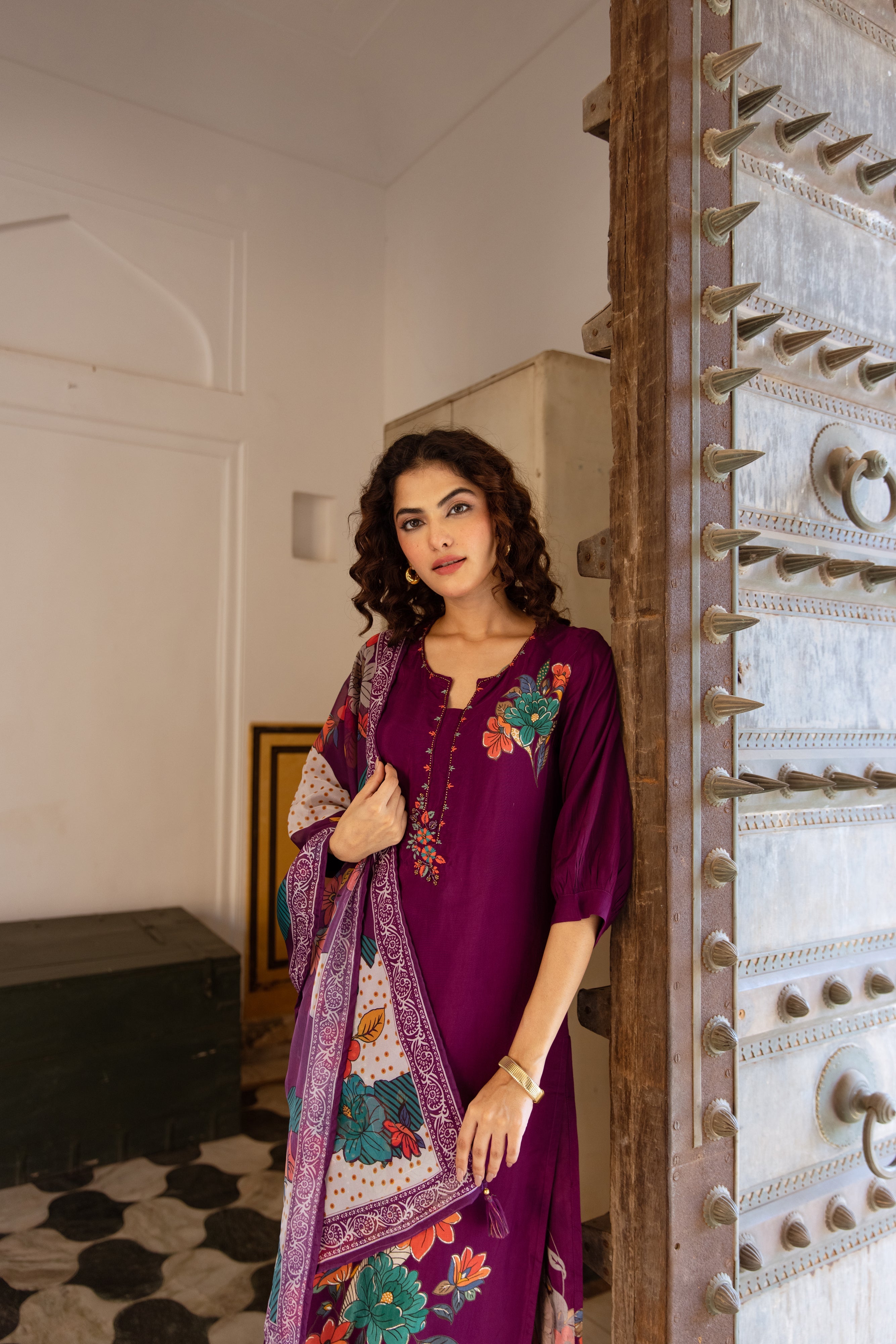 Purple Viscose Muslin Kurta Pant and Dupatta Set