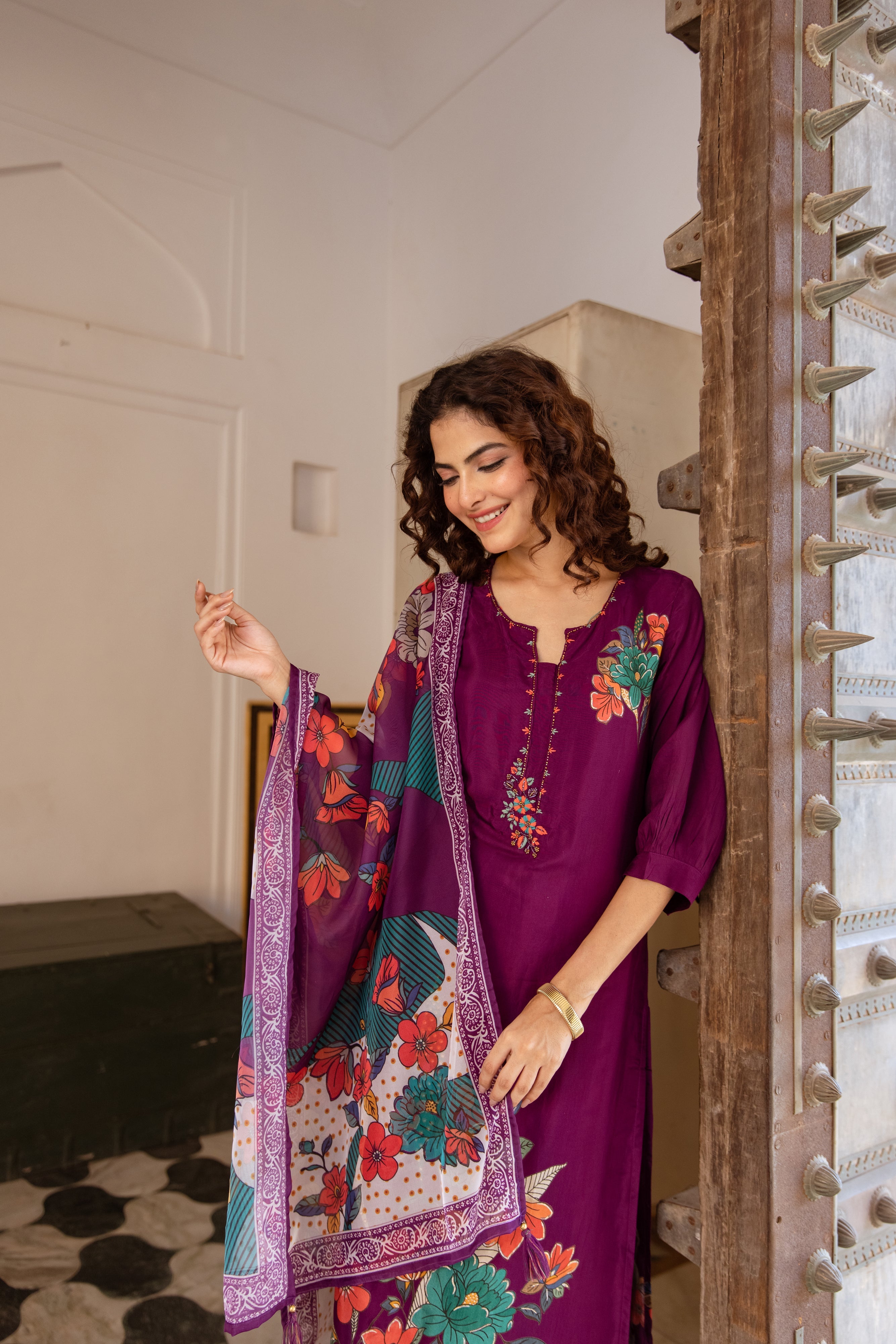 Purple Viscose Muslin Kurta Pant and Dupatta Set