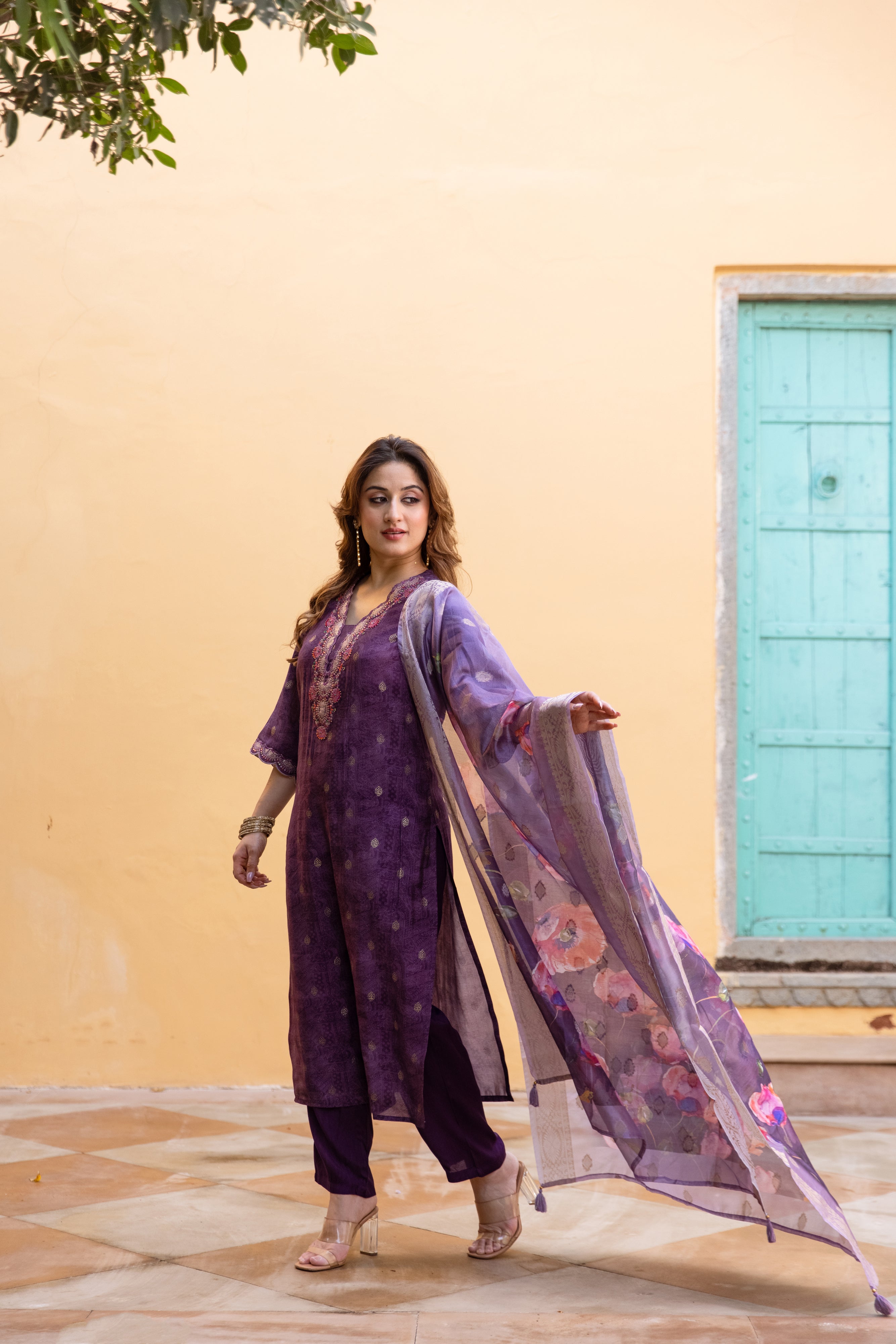 Dark Purple Modal Muslin Kurta Pant and Dupatta Set