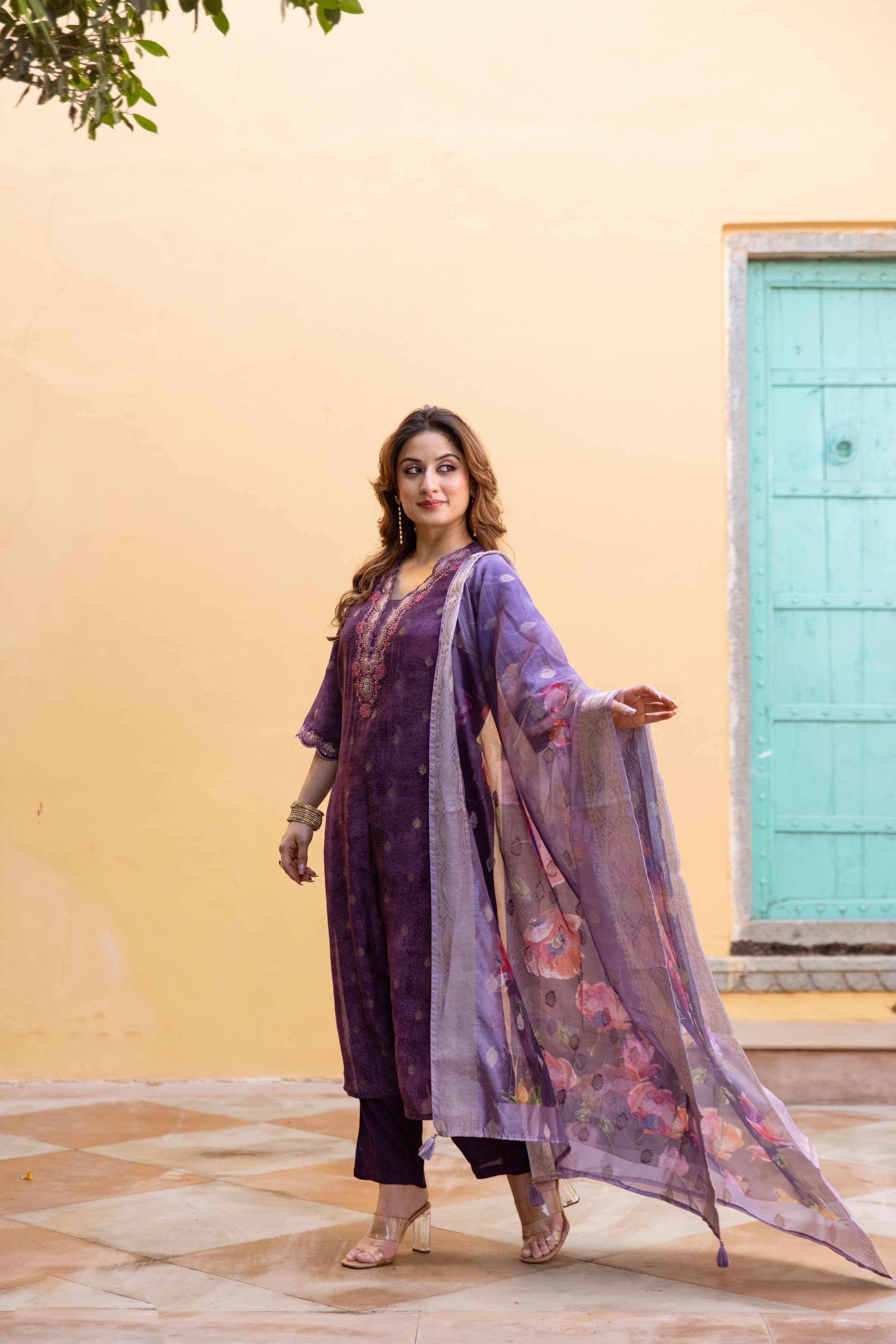 Dark Purple Modal Muslin Kurta Pant and Dupatta Set