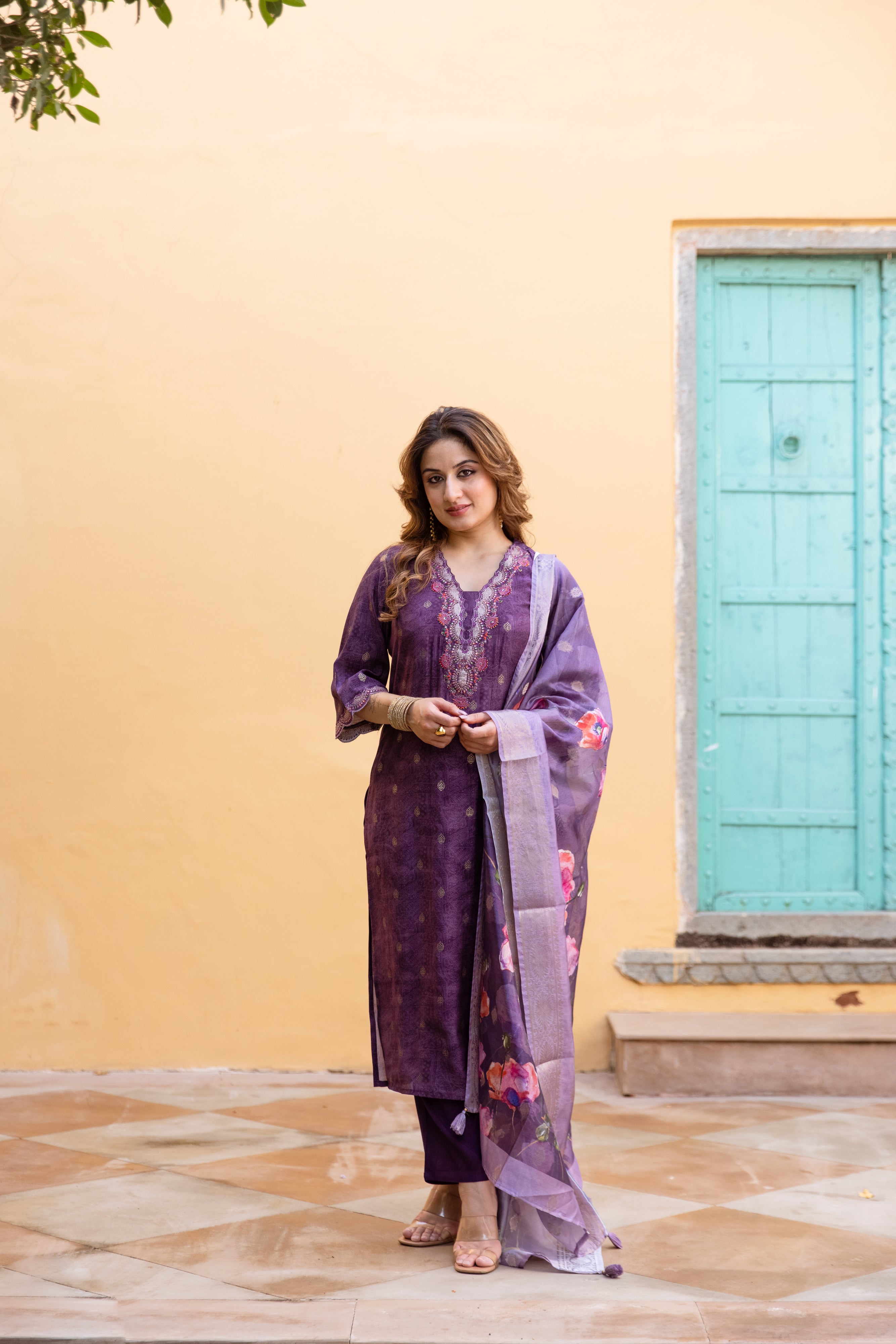 Dark Purple Modal Muslin Kurta Pant and Dupatta Set