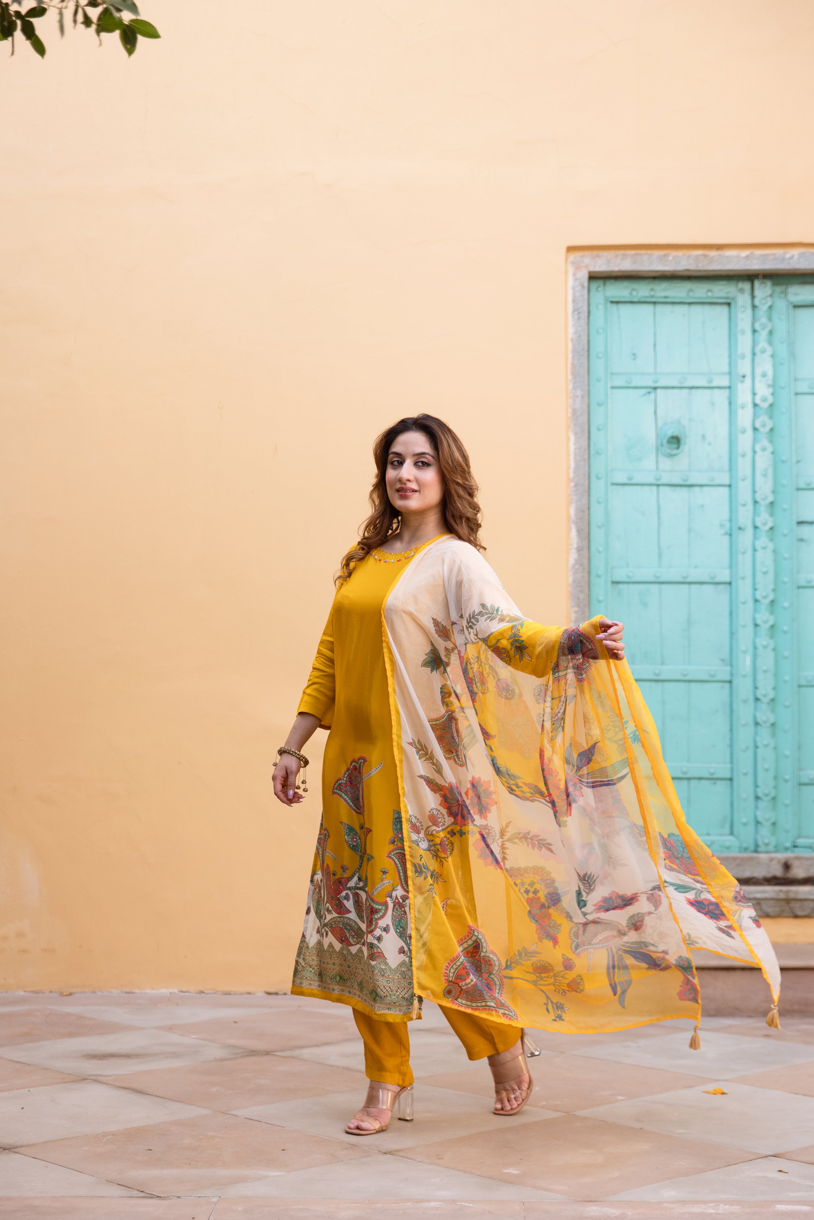 Yellow Viscose Muslin Kurta Pant and Dupatta Set