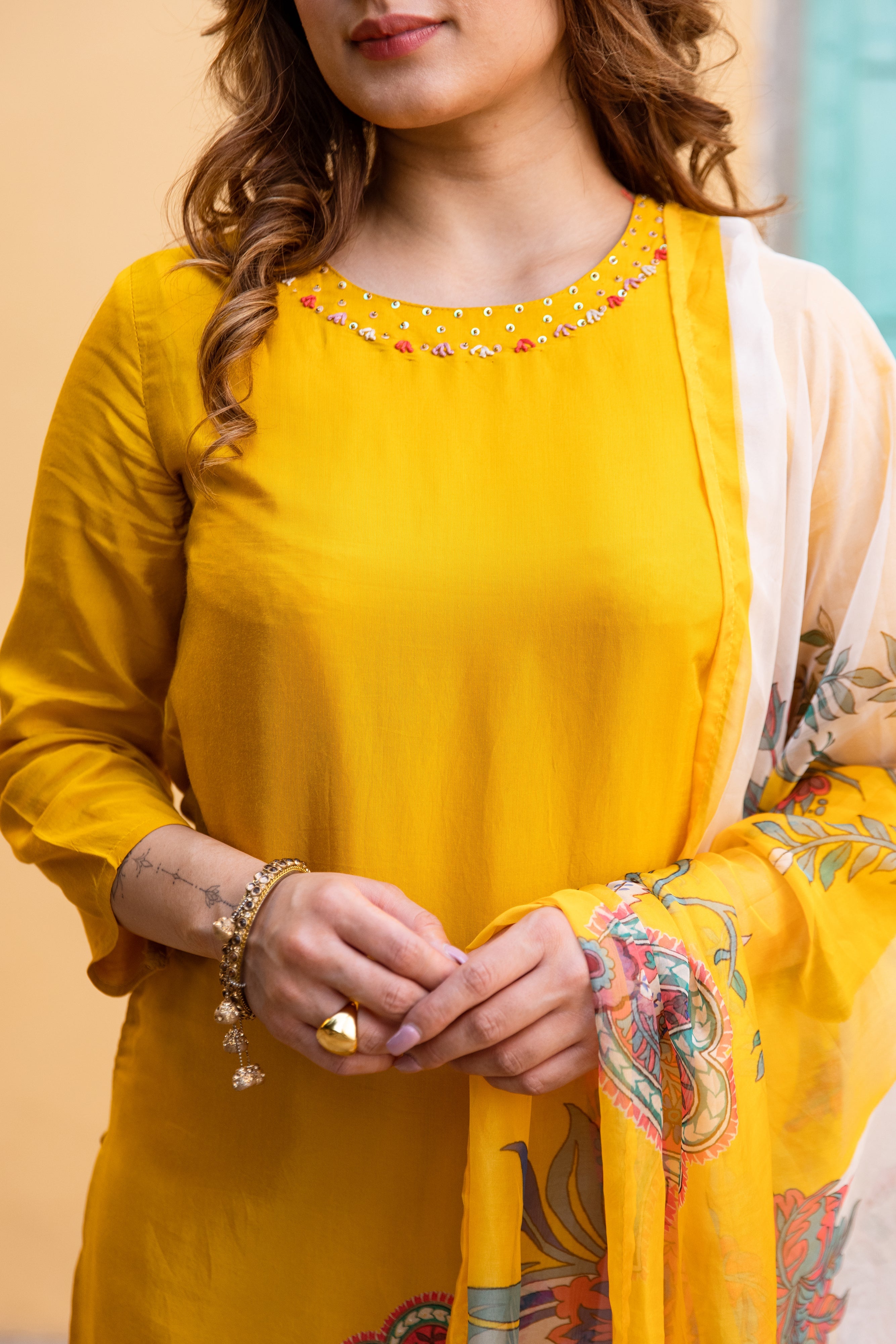Yellow Viscose Muslin Kurta Pant and Dupatta Set
