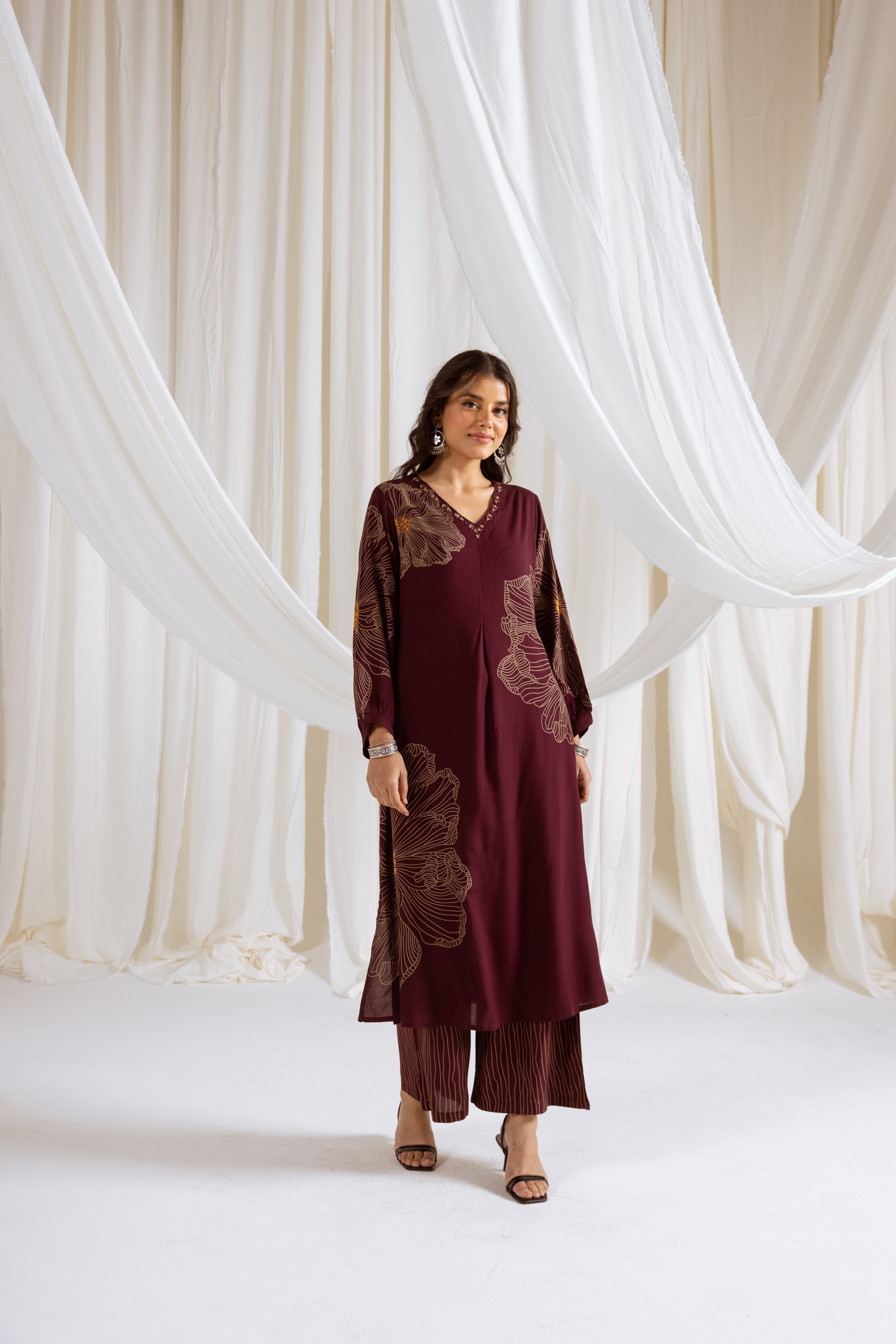Women's Maroon German Rayon Kurta and Palazzo Set