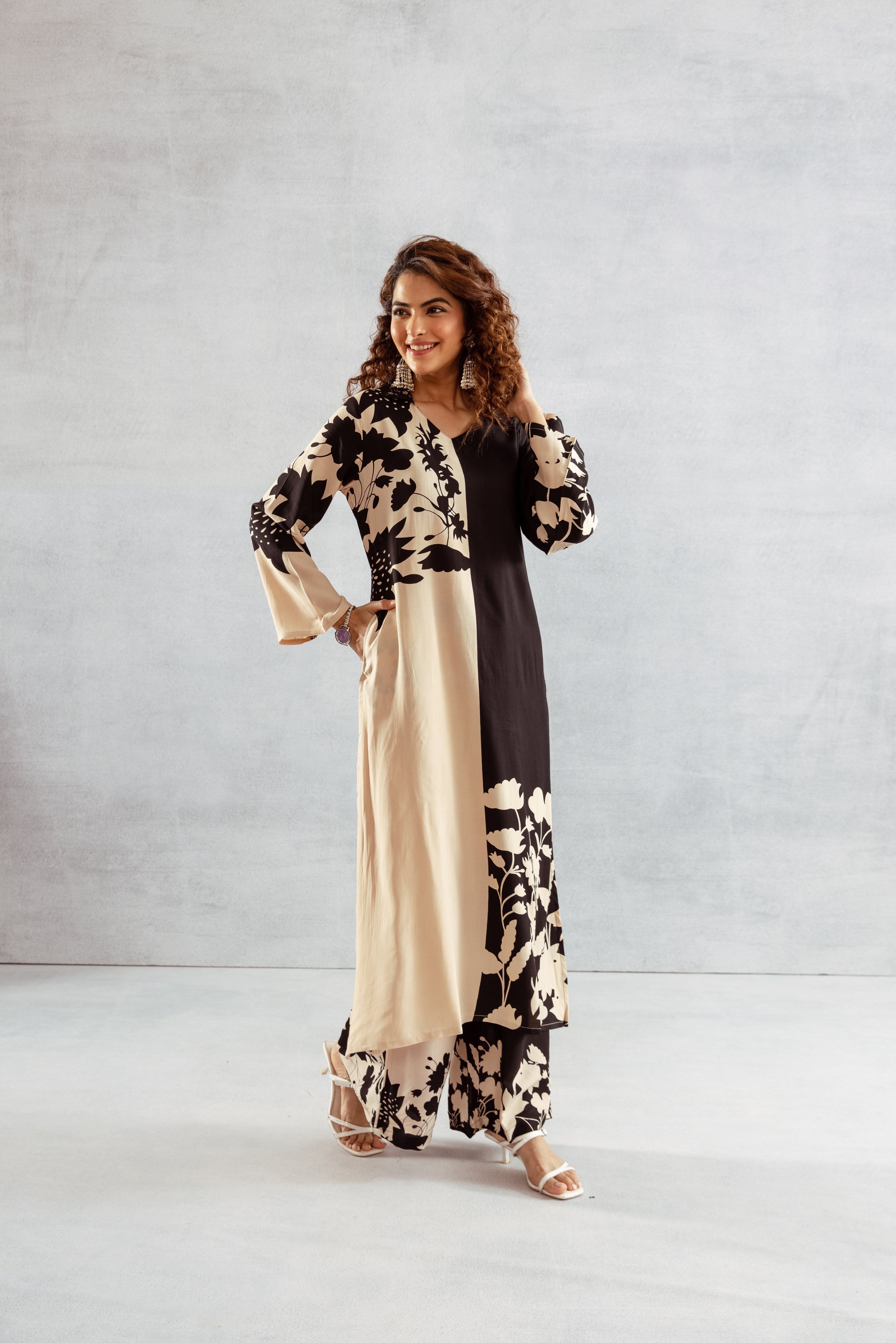 Women's Beige::Black German Rayon Kurta and Palazzo Set