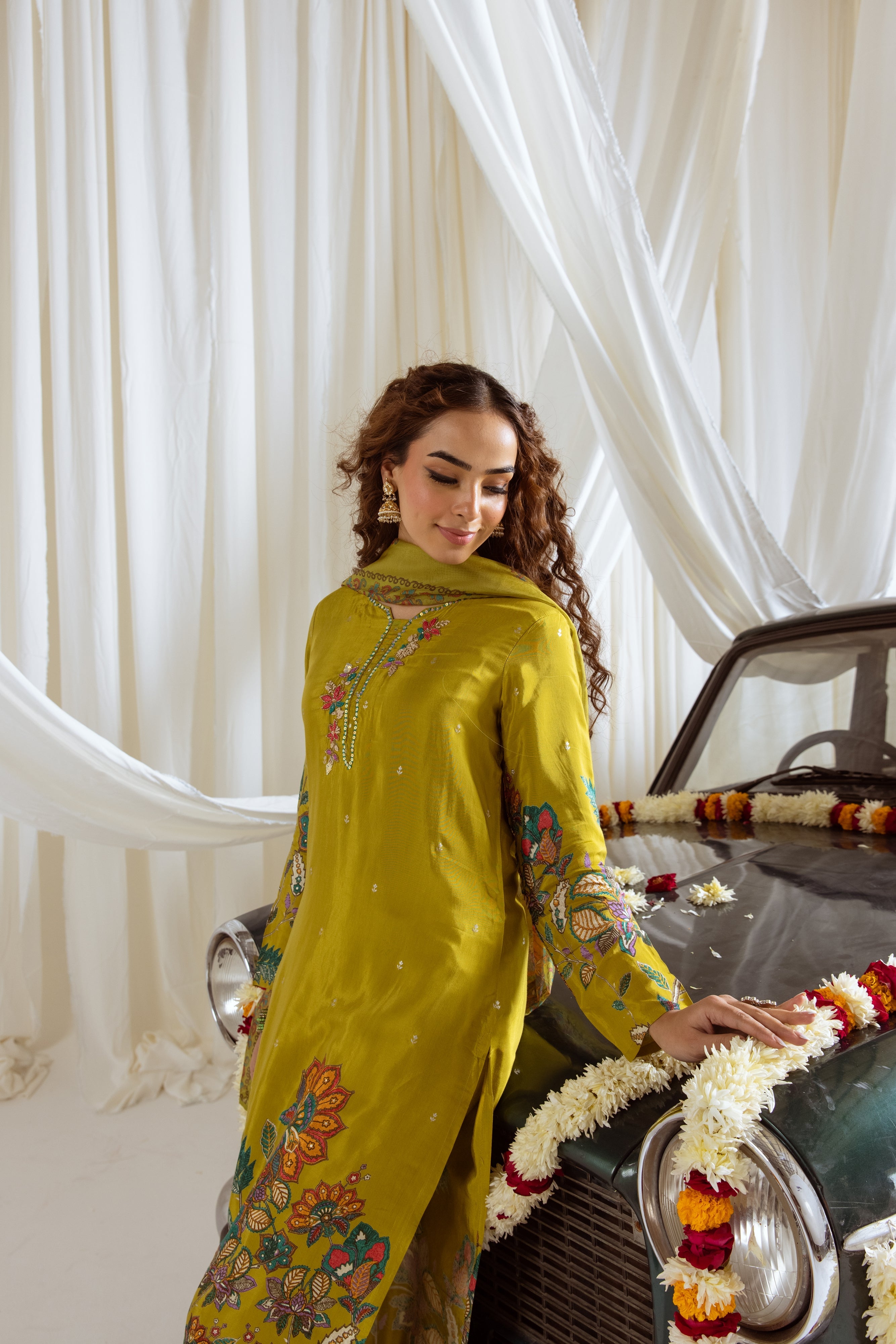 Green Viscose Muslin Kurta Pant and Dupatta Set