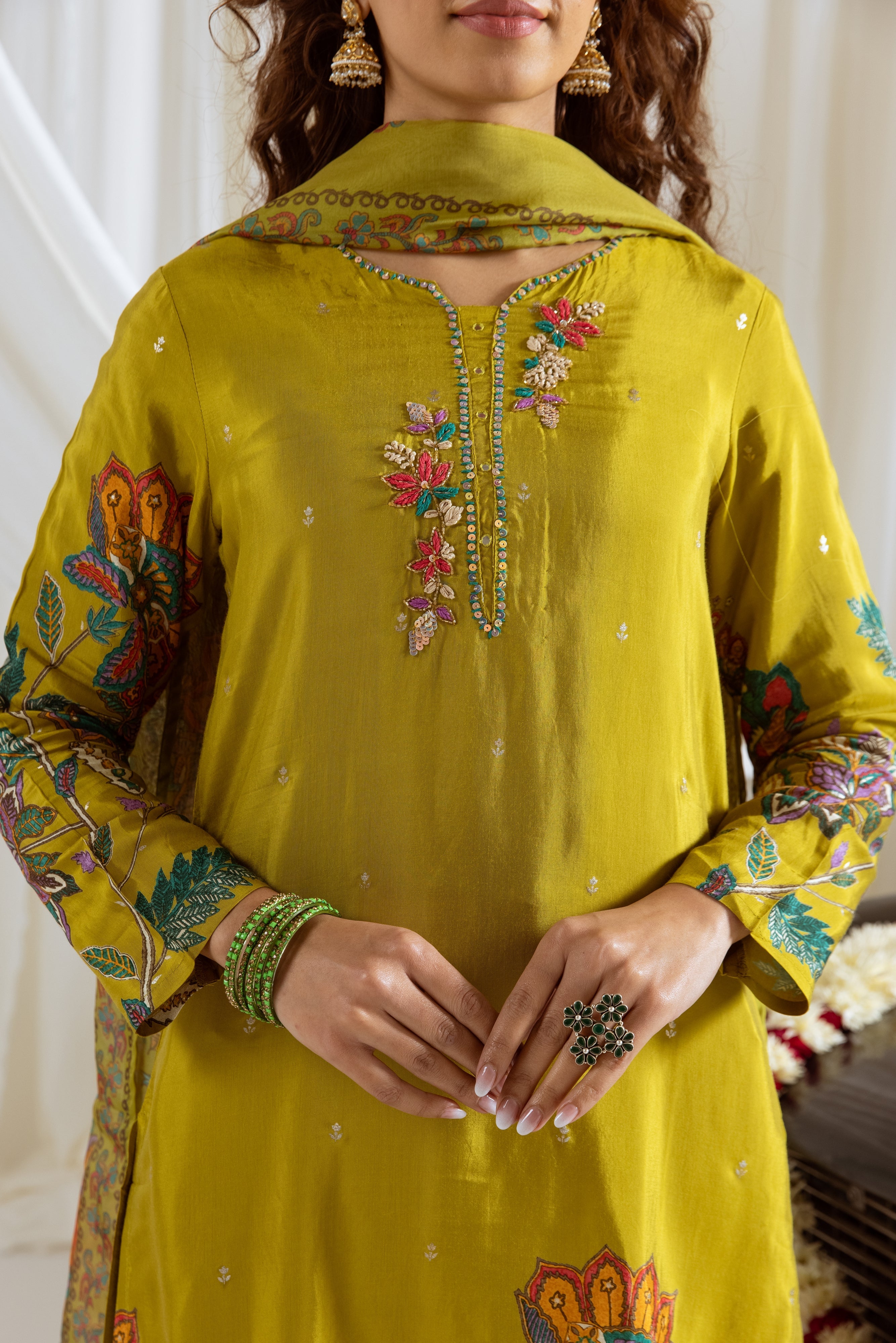 Green Viscose Muslin Kurta Pant and Dupatta Set