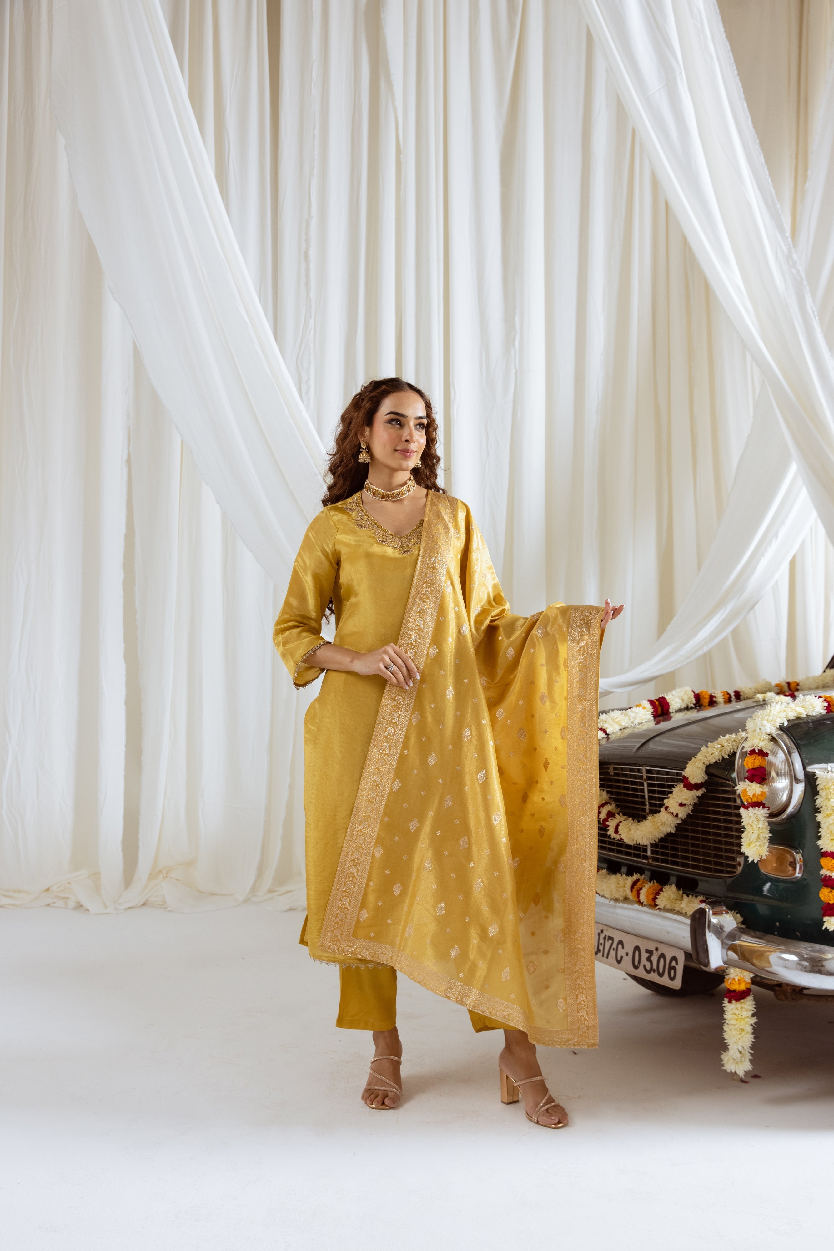 Women's Yellow Shimmer Kurta Pant and Dupatta Set