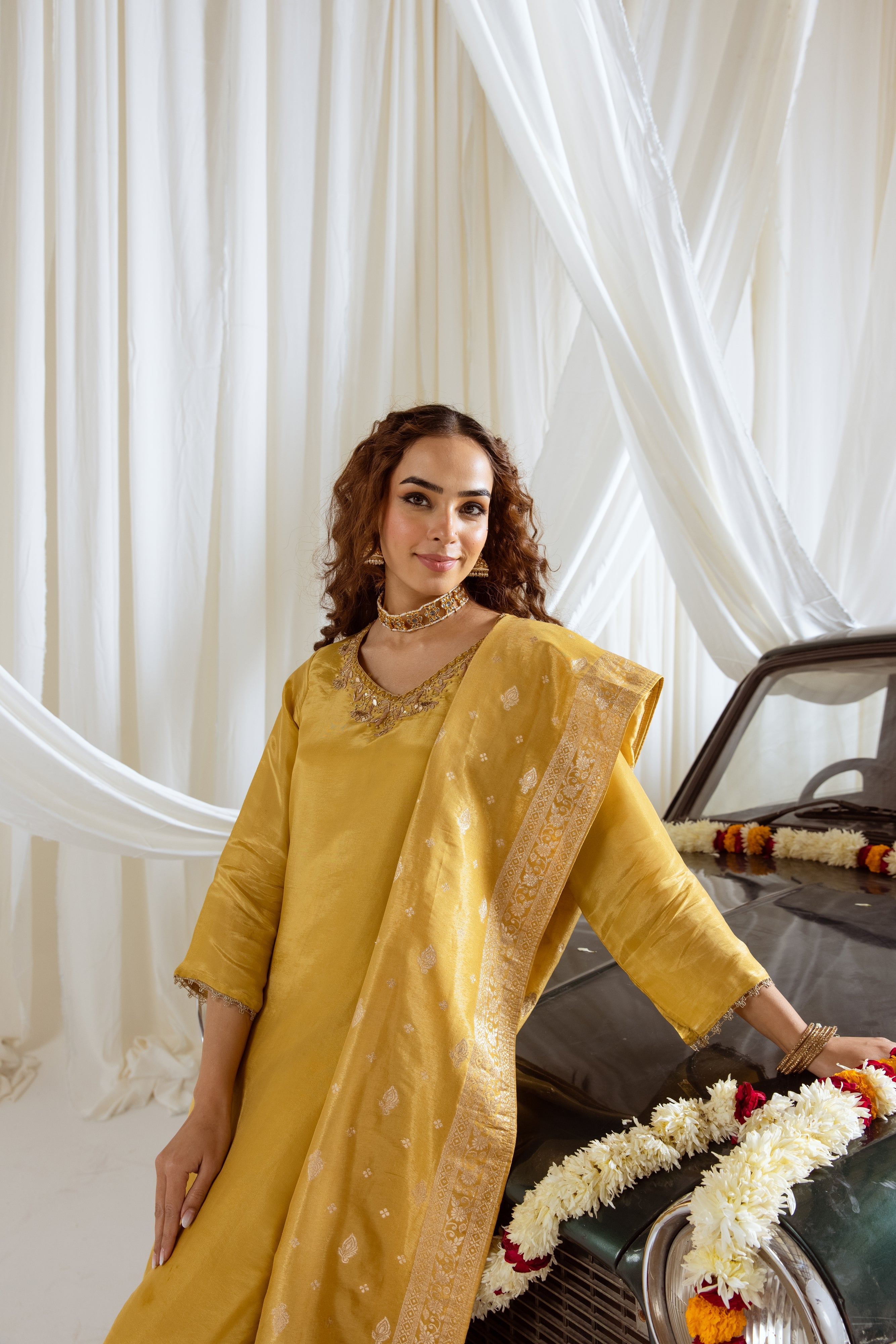 Women's Yellow Shimmer Kurta Pant and Dupatta Set