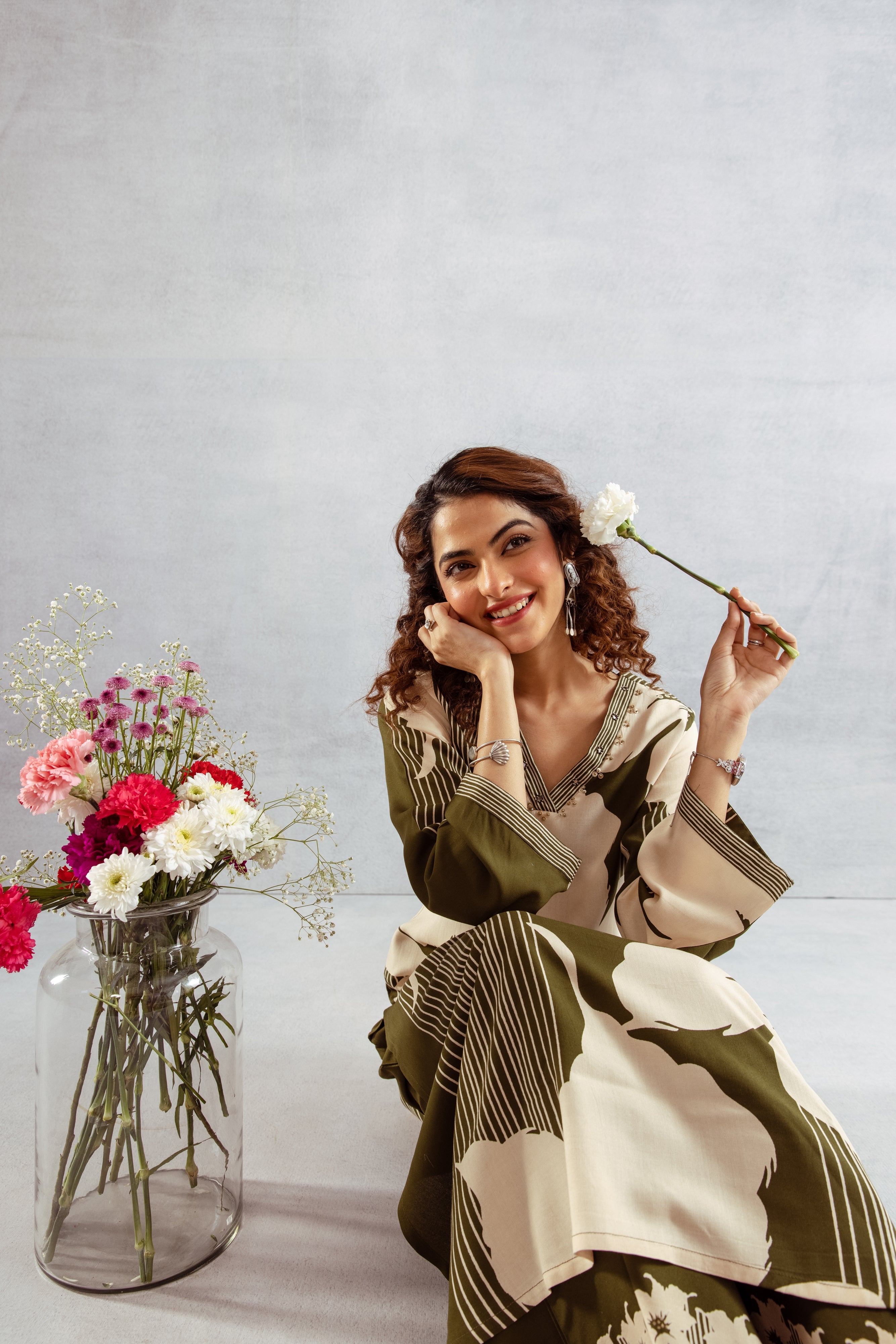 Women's Green::Off white German Rayon Kurta and Palazzo Set