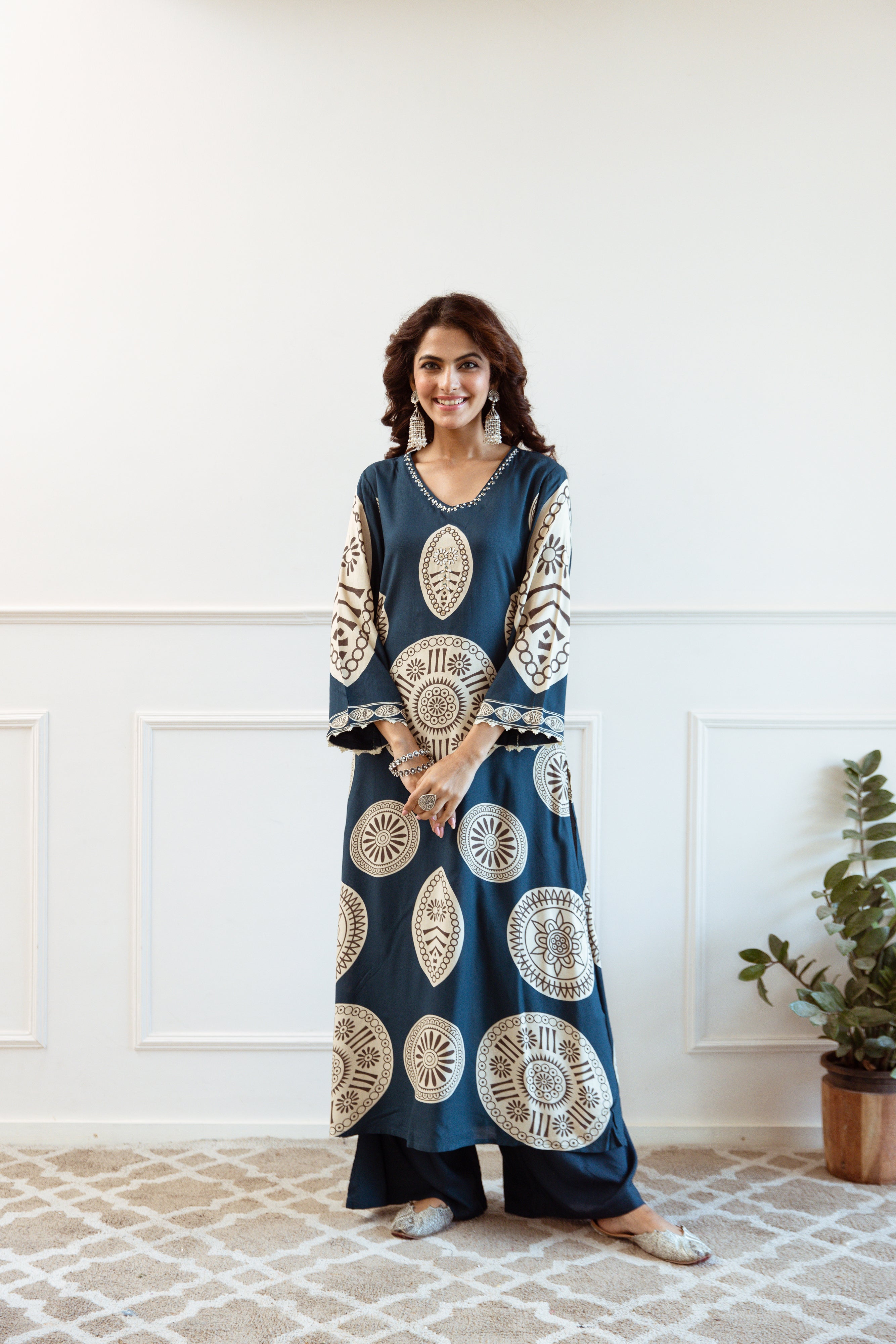 Women's Teal Blue German Rayon Kurta and Palazzo Set