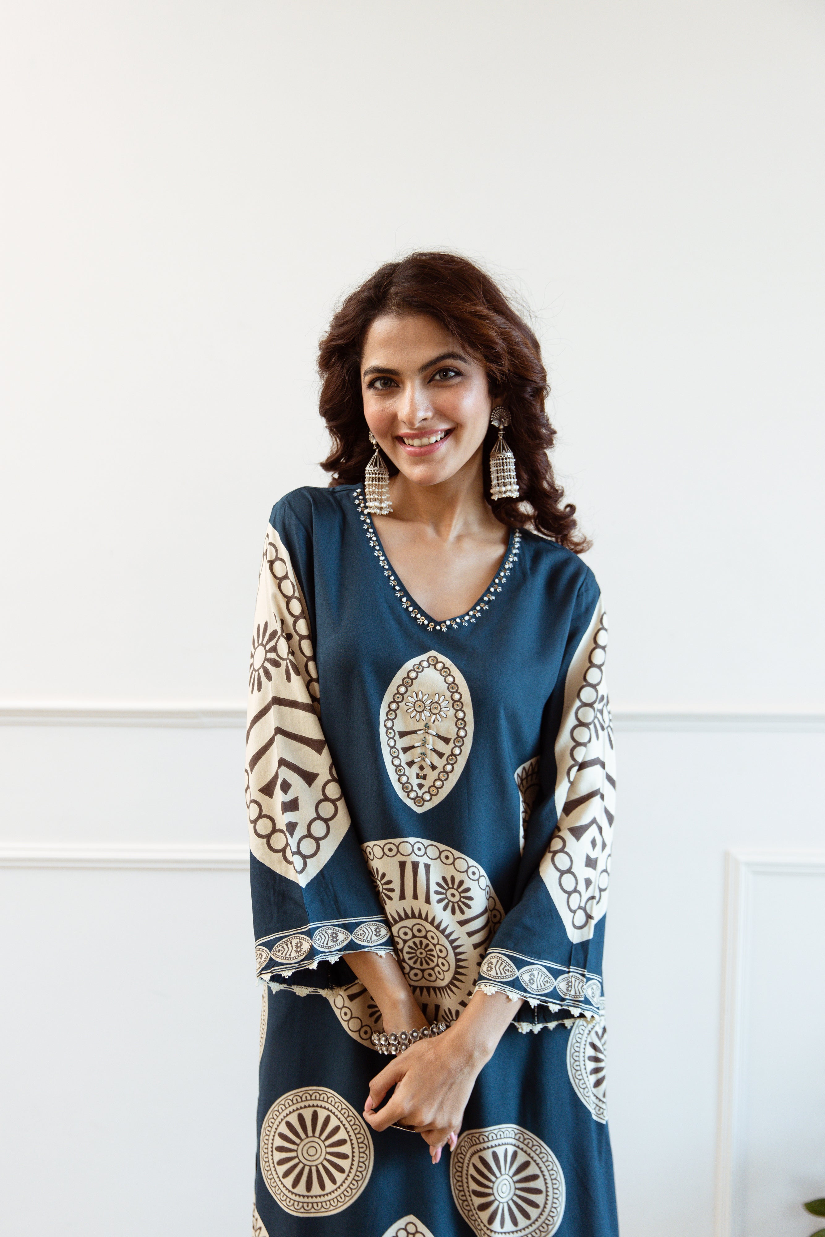 Women's Teal Blue German Rayon Kurta and Palazzo Set