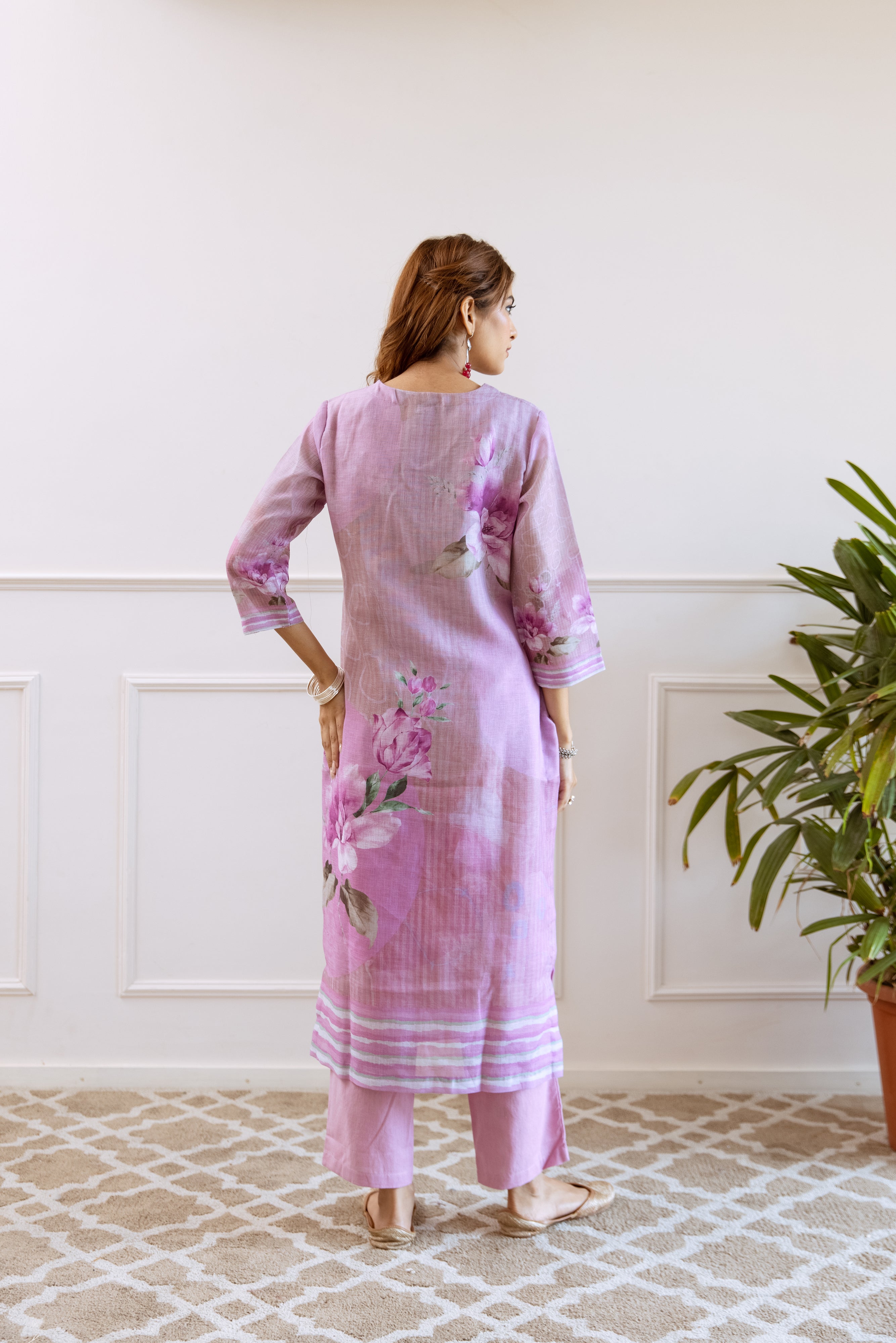 Lavender Organic Linen Kurta Pant and Dupatta Set