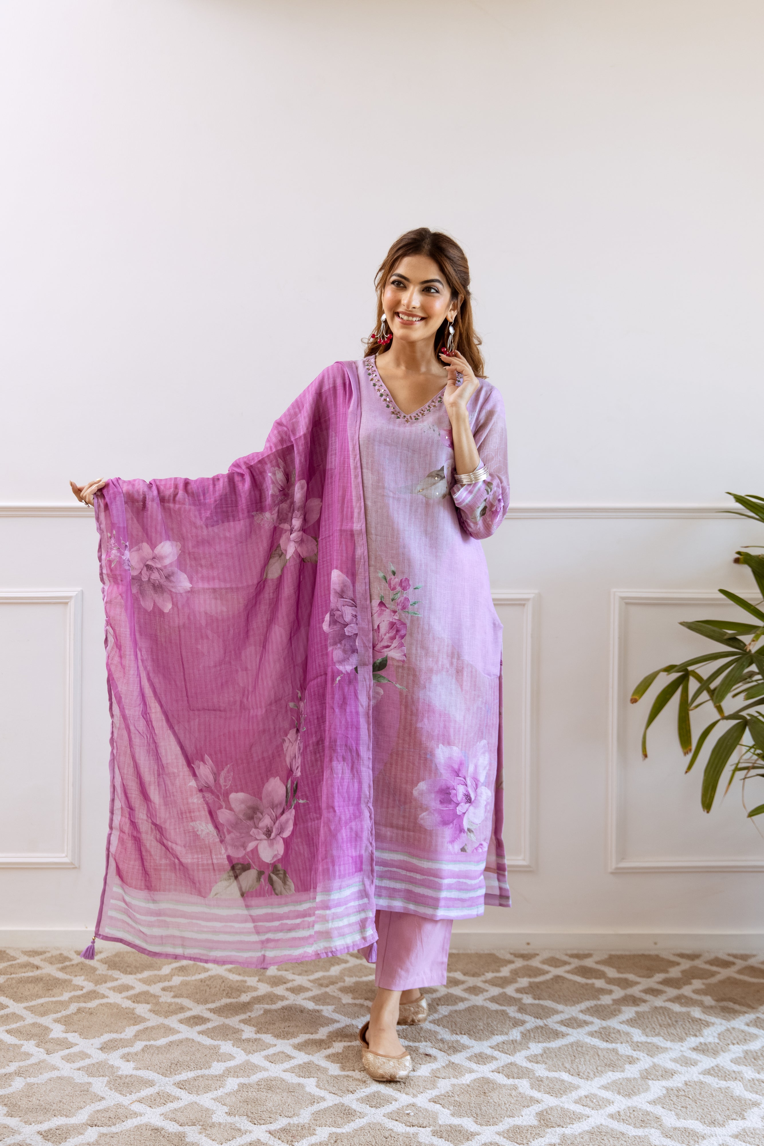 Lavender Organic Linen Kurta Pant and Dupatta Set