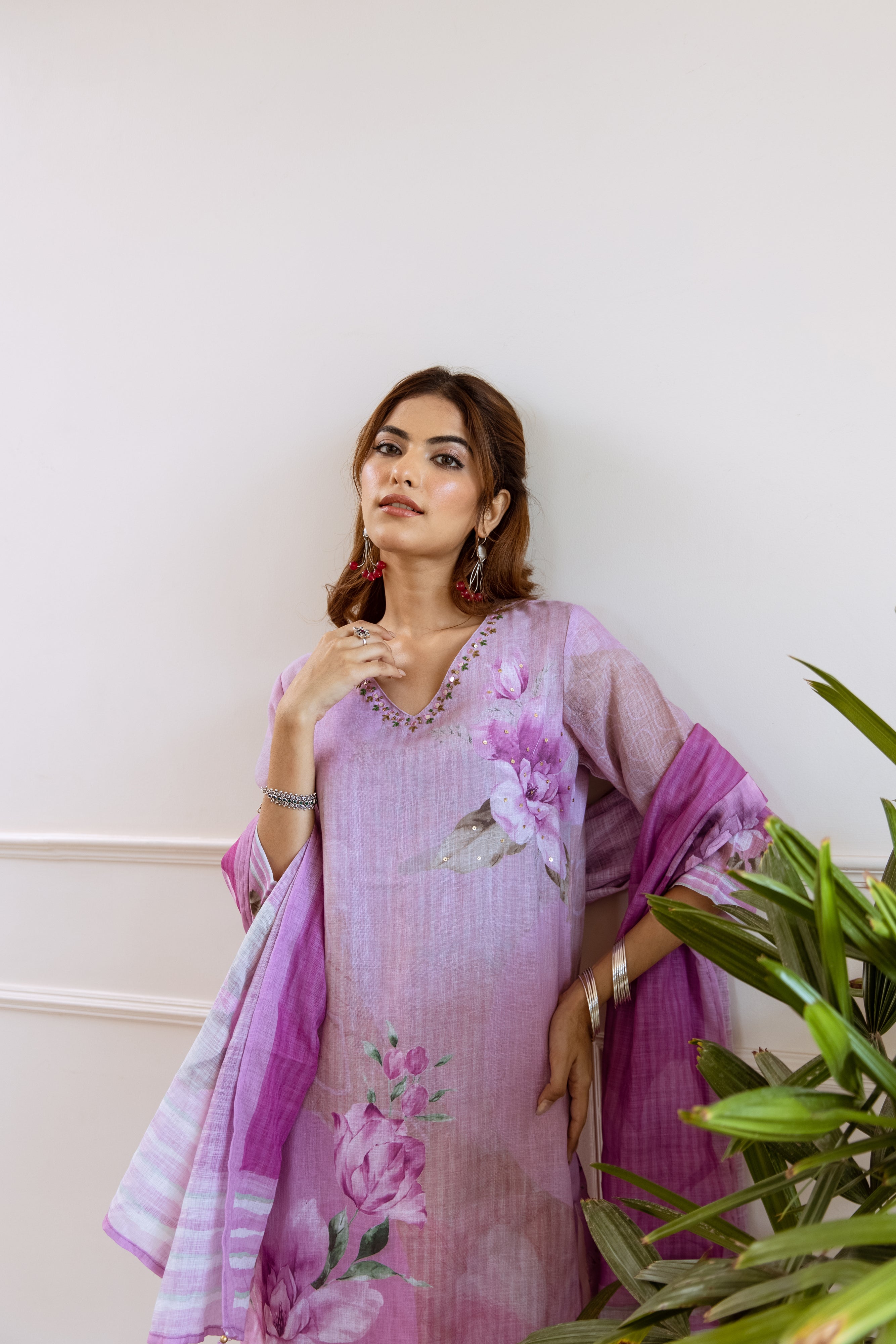 Lavender Organic Linen Kurta Pant and Dupatta Set