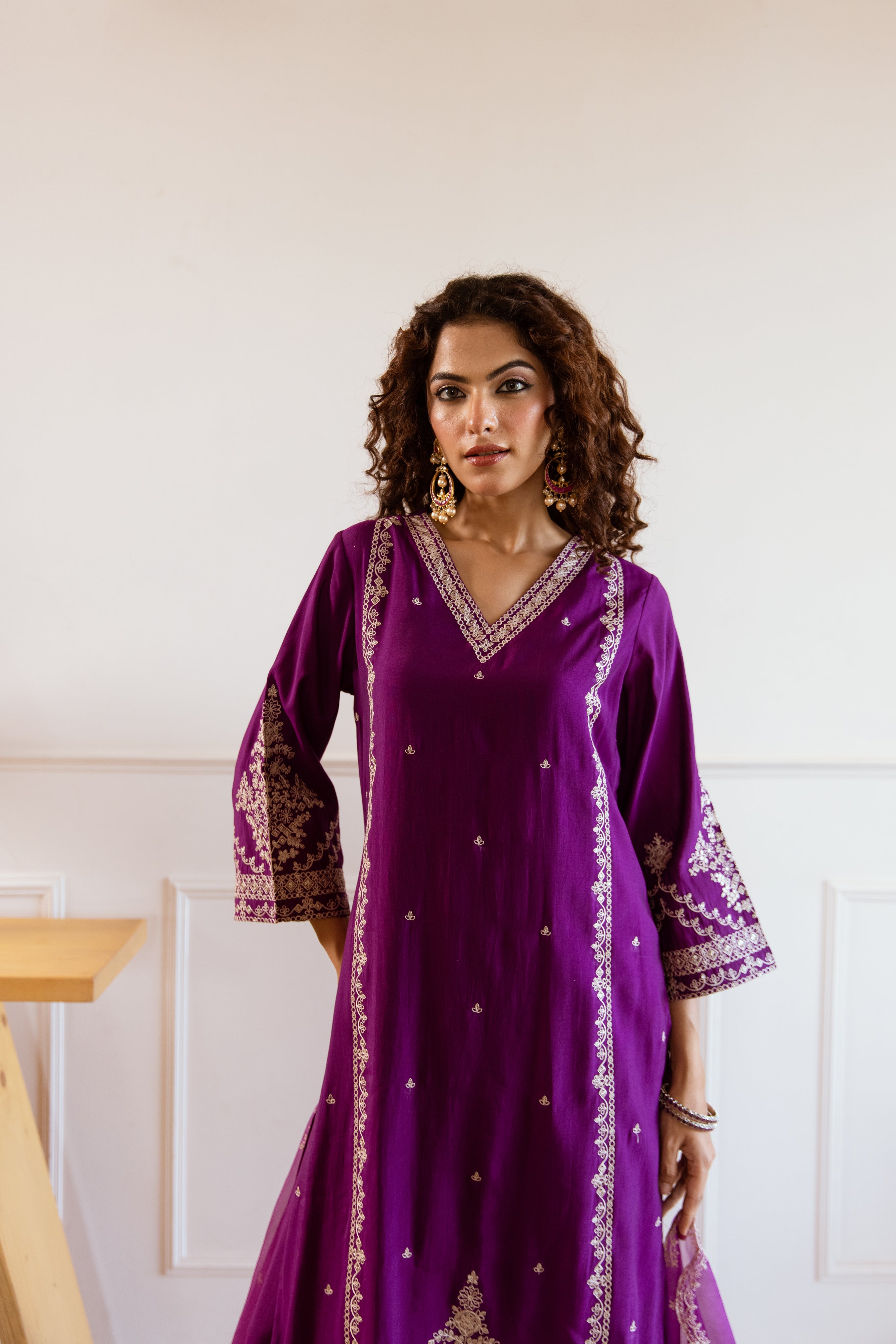Voilet:Cream Modal Muslin Kurta Palazzo and Dupatta Set
