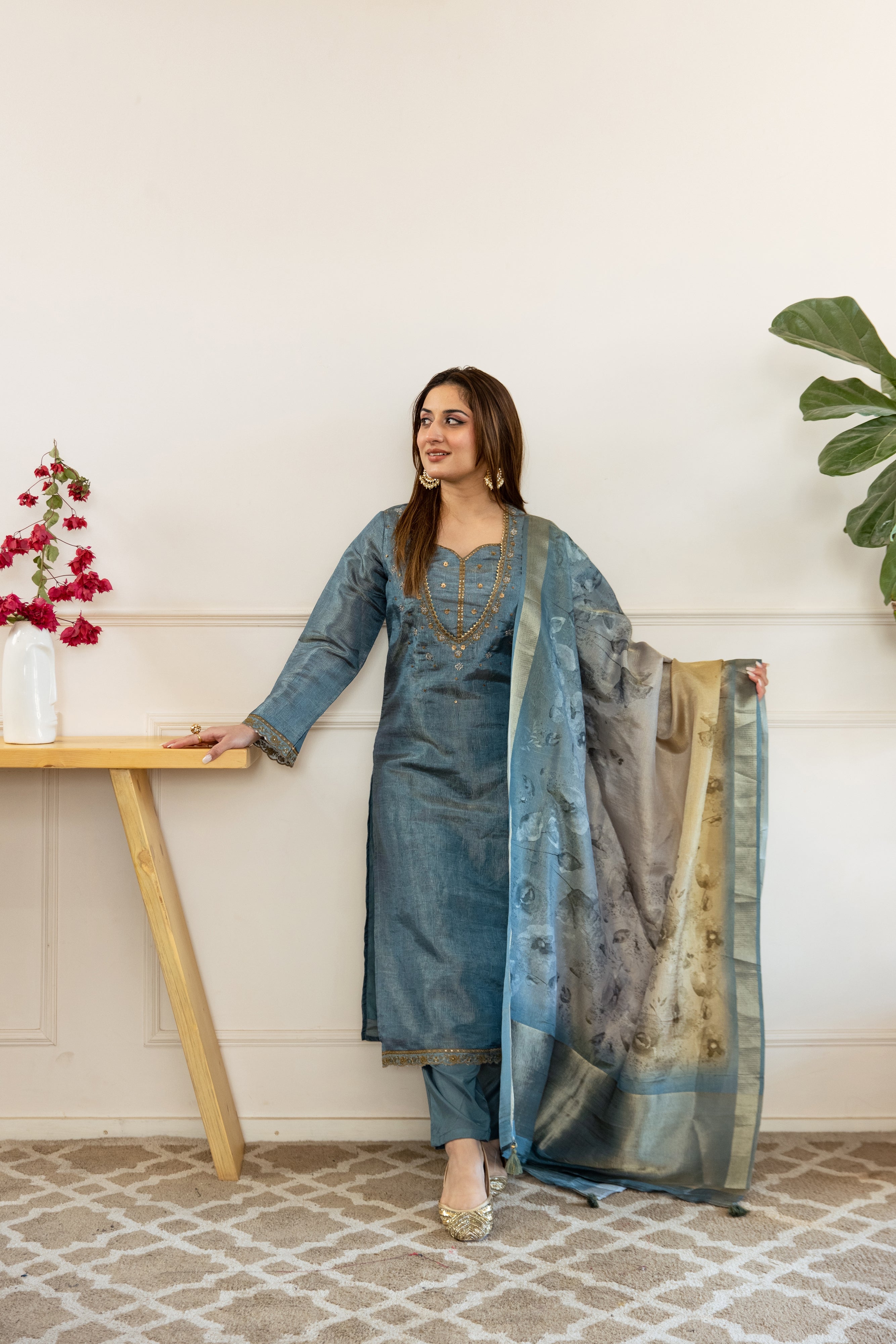 Teal Tissue Simmer Kurta Pant and Dupatta Set