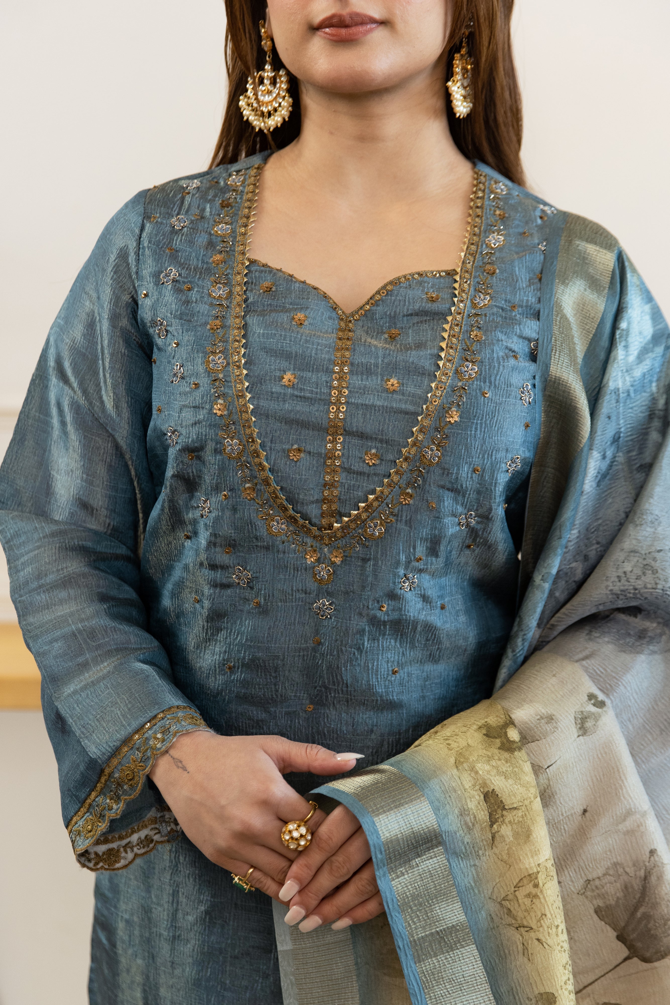 Teal Tissue Simmer Kurta Pant and Dupatta Set