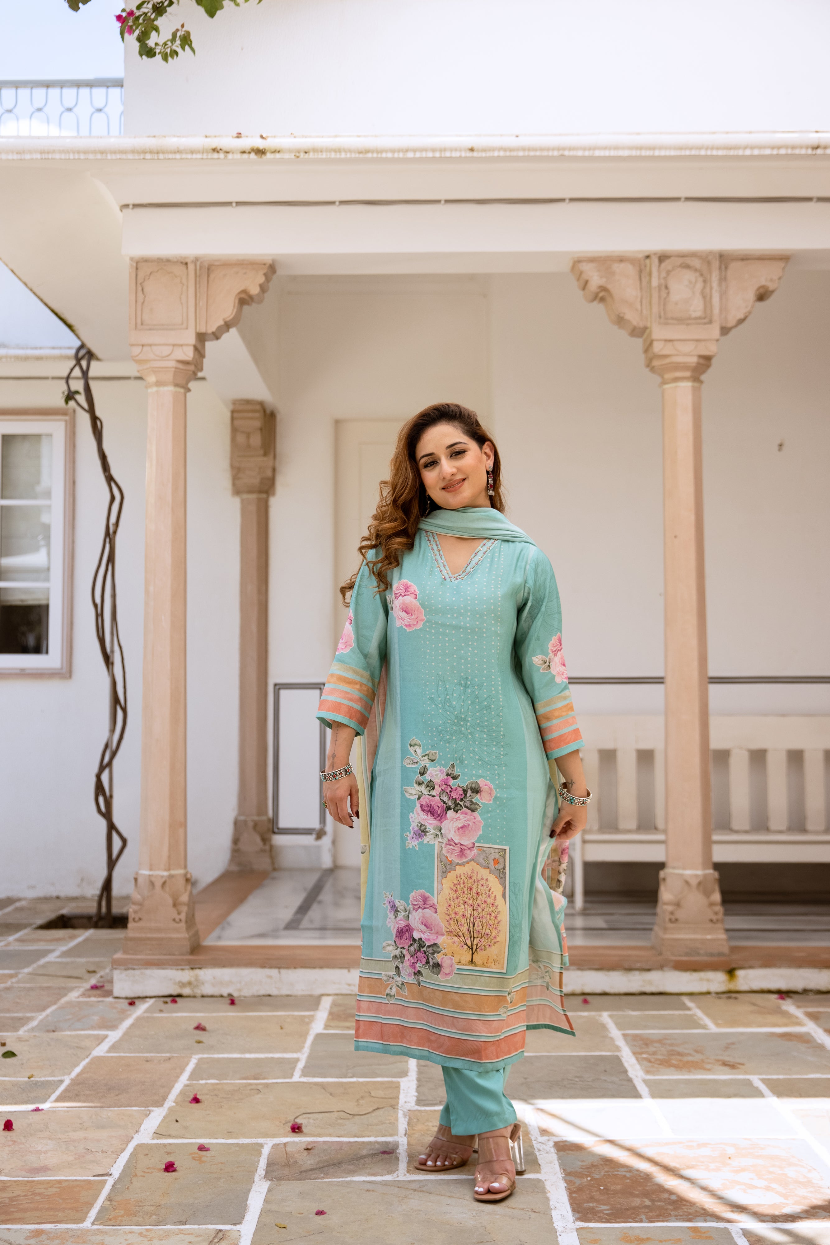 womens Turquoise Modal Muslin Kurta Pant and Dupatta Set