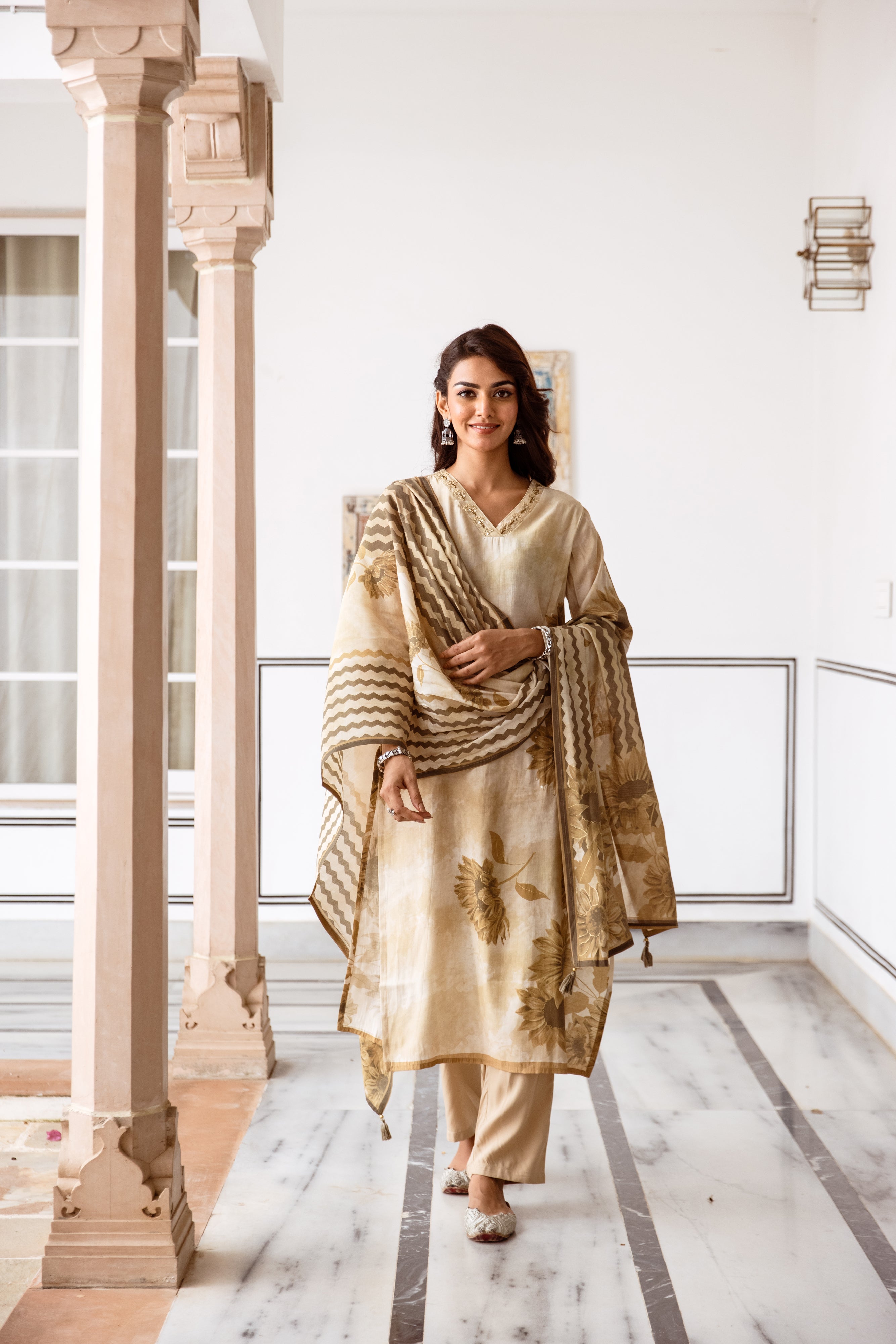 womens Beige Art Silk Kurta Pant and Dupatta Set